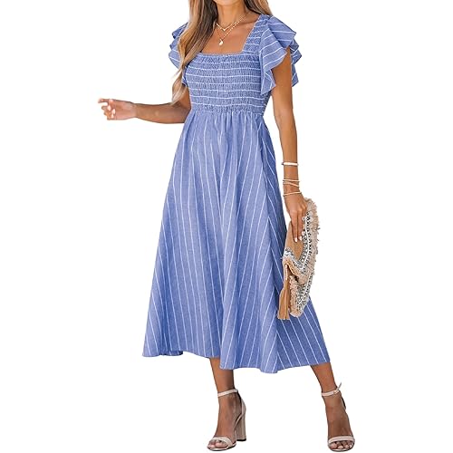 CUPSHE Women's Square Neck Striped Smocked Dress Ruffled Cap Sleeves Dress A Line Maxi Formal Dress