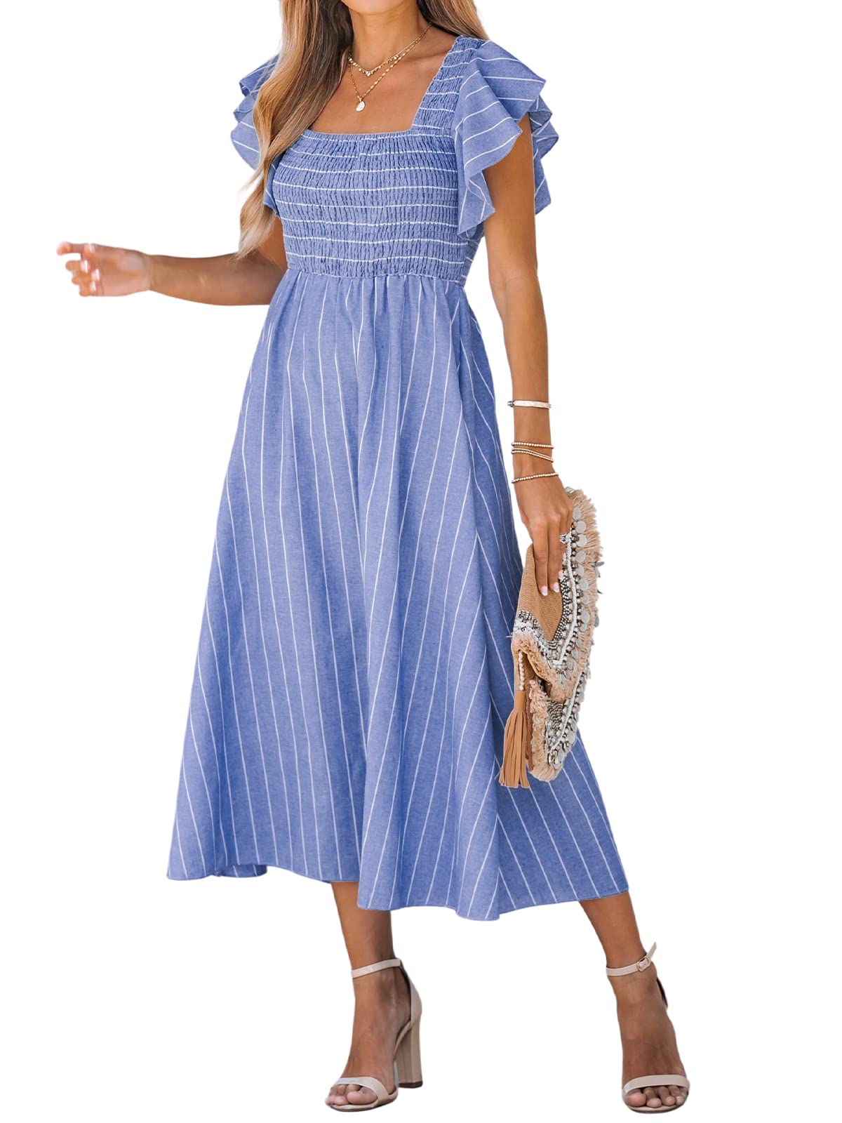 CUPSHE Abito estivo da donna con scollo quadrato a righe e punto smock, con maniche ad aletta, maxi abito formale