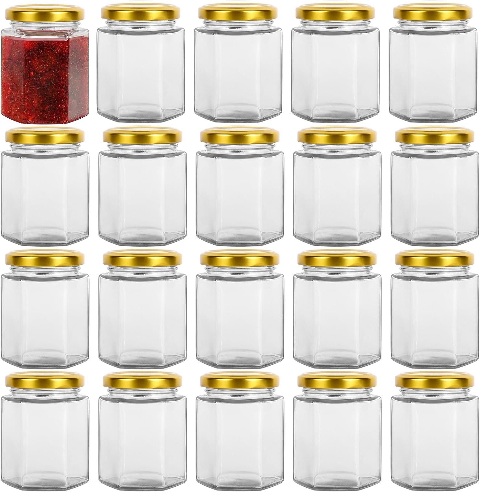 Yishik Set van 24 zeshoekige glazen potten van 85 ml met gouden deksel, kleine glazen weckpotten voor honing, specerijen, gedroogd fruit, babyvoeding, snoep, feestgeschenken of hobby