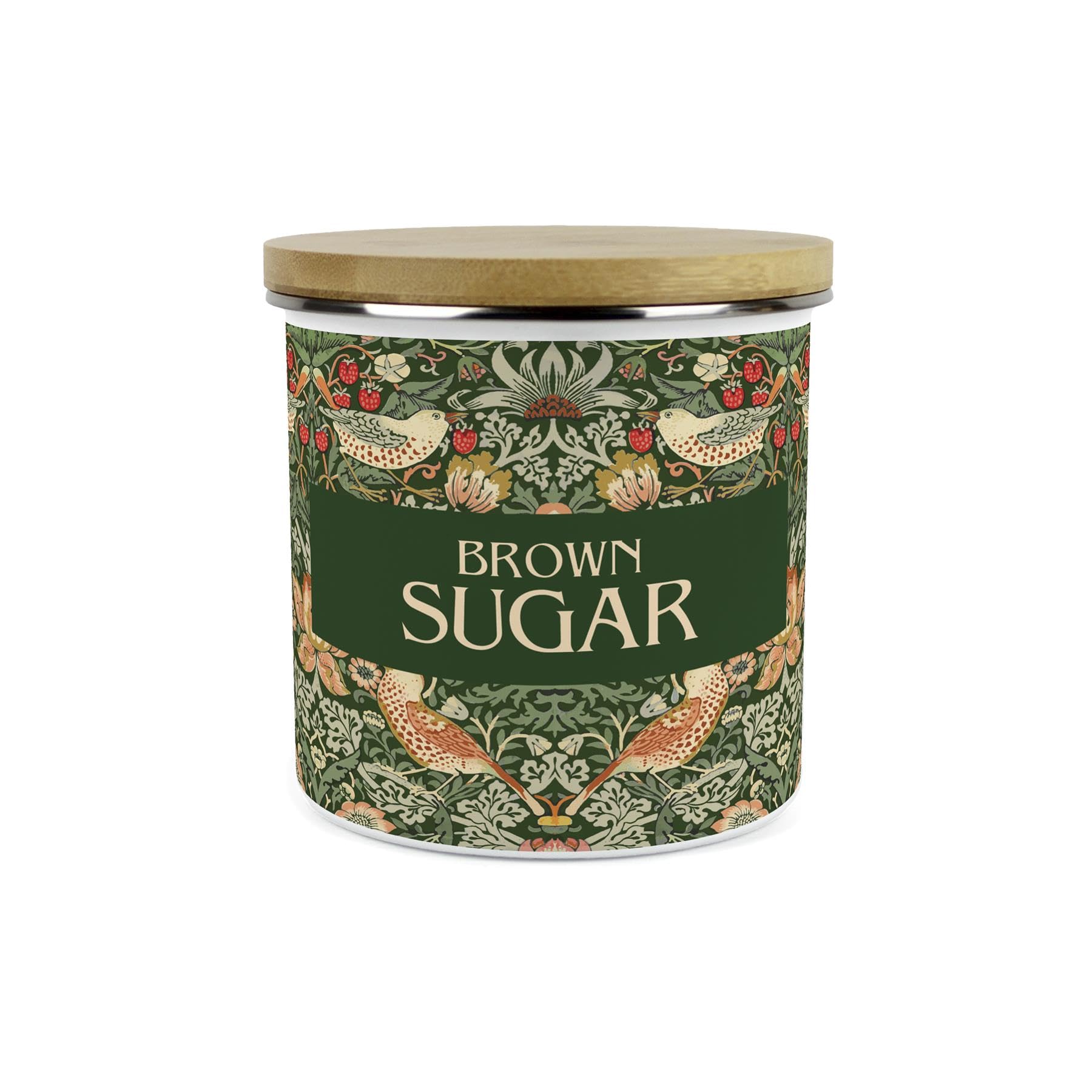 Purely Home Green Strawberry Thief Brown Sugar Canister - 1.2L Large William Morris Inspired Tapestry Artwork Enamel Kitchen Storage Gift