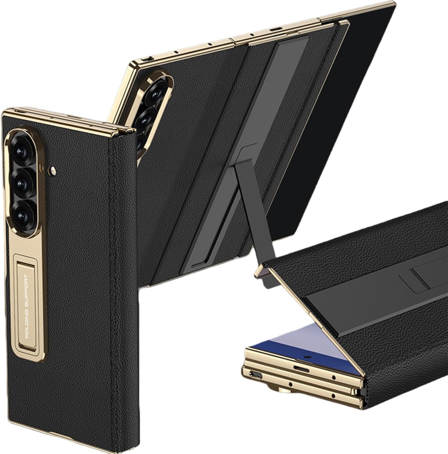 Case for Samsung Galaxy Z Trifold, Electroplated Leather Full-Cover Flip Cover with Magnetic Hinge Guard, Built-in Screen Protector, Dual-Folding Stand, Business Texture(Black)