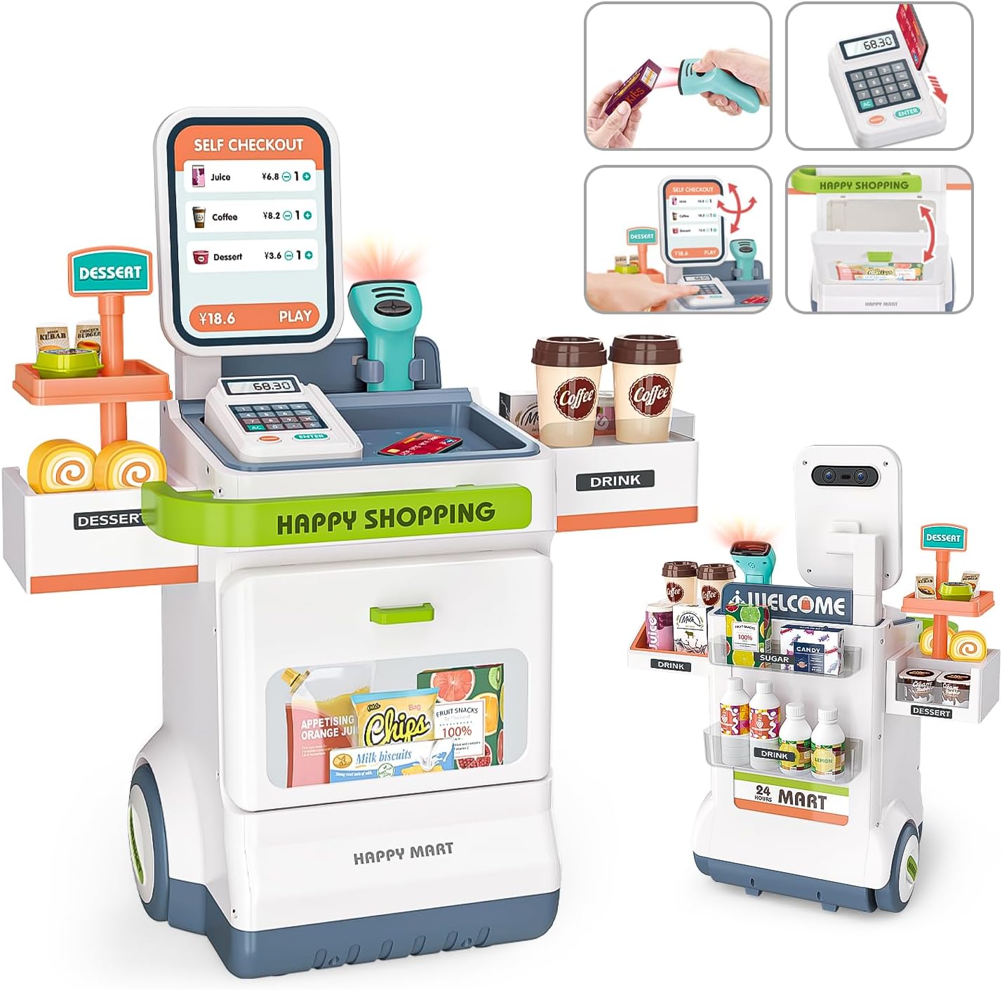 47 PCS Cash Supermarket Playset Shopping Mobile Cart for Kids Grocery Store Pretend Play Money, Scanner, Credit Card, Conveyors,Calculator and Play Food for Toddlers, Boys, and Girls