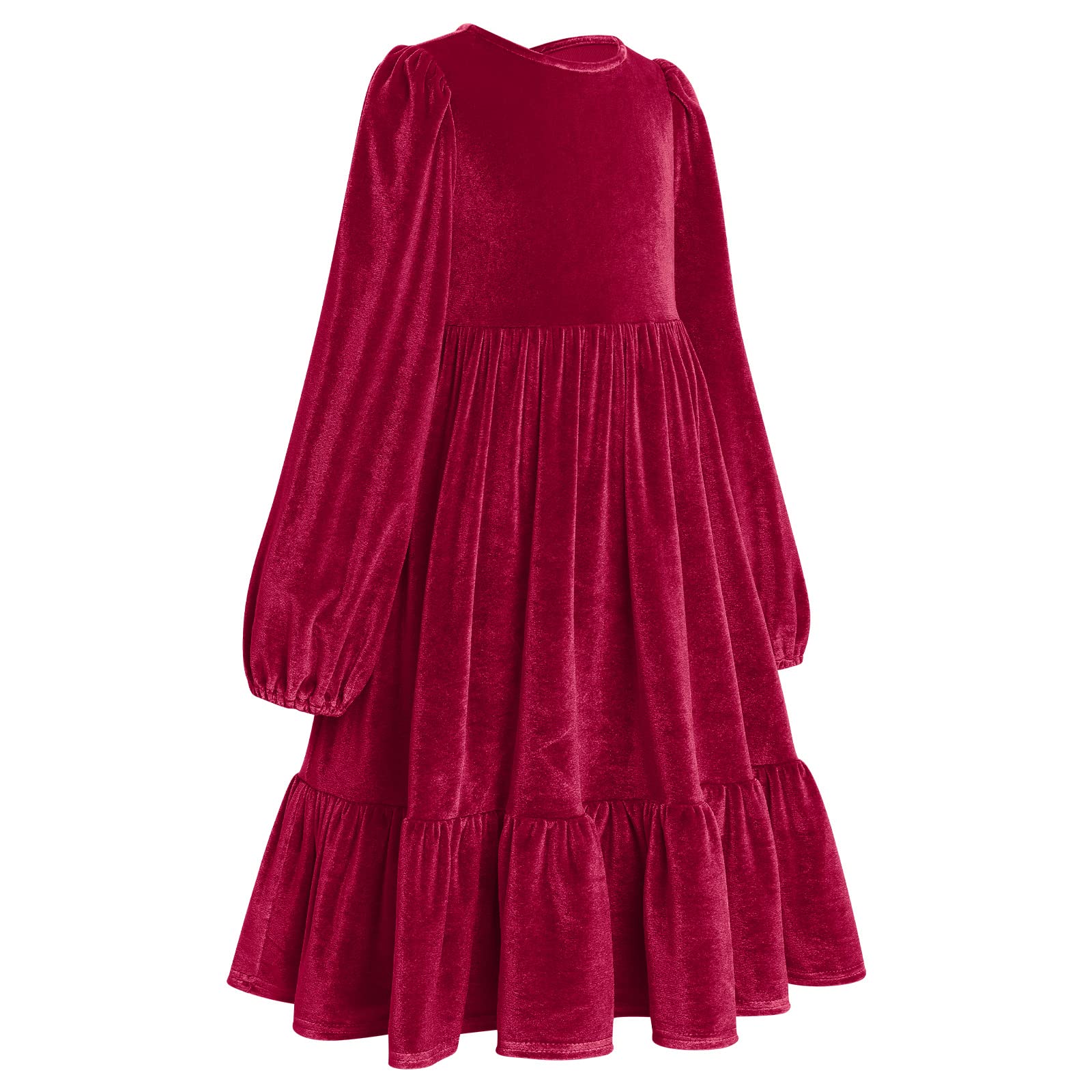 Enfants Filles Robe de Noël Manches Longues Velours Automne Hiver Vêtements Princesse A Ligne Couleur unie Volants Robe de Soirée Anniversaire Fête Concours Robe de Bal, rouge foncé, 9-10 ans