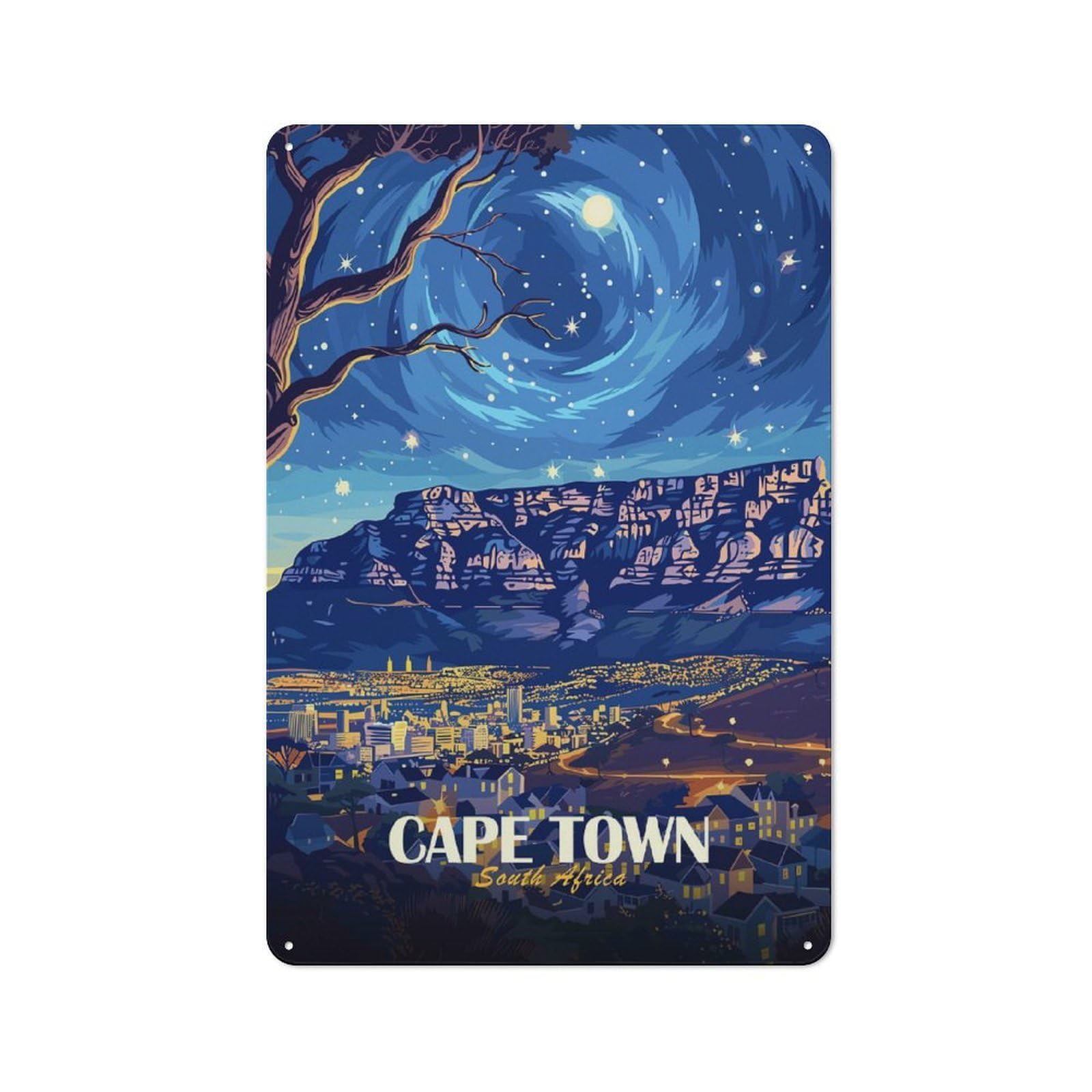 Junmoney Style-8 Vintage Cape Town South Africa Nightscape(2) Vintage Metal Sign 30X20cm, Restaurant Wall Art For Takeaway, Bar, Kitchen Or Counter Area