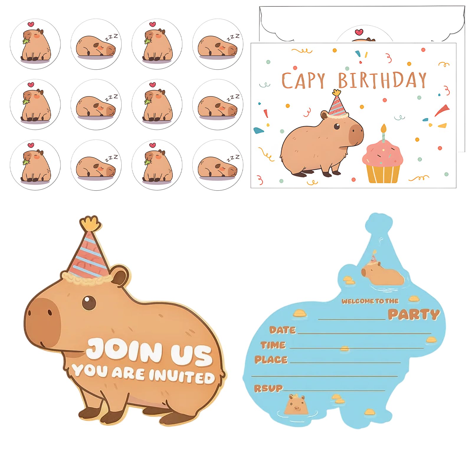 Capybara Stickers, Birthday Invitations for Girls, 12-Pack Capybara Birthday Card, Party Invitations, Capybara Birthday Party Bags, Baby Shower Invitations, Invitation Card