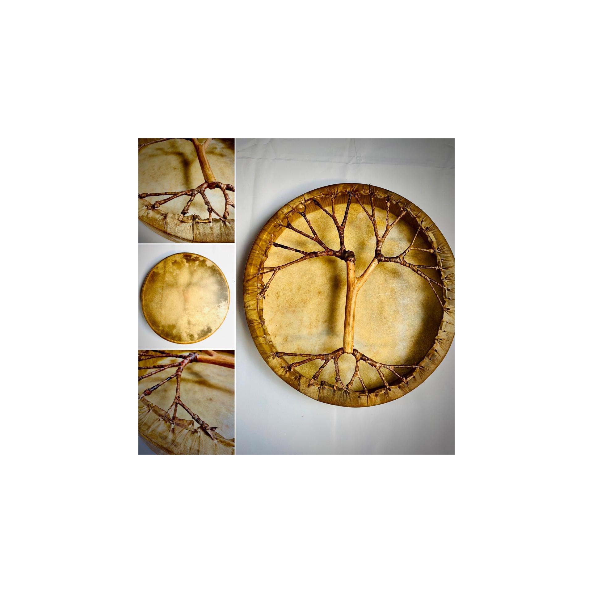 Tamburo per sciamano, pelle di capra, Ø 40 cm, con manico in stile albero, set rotondo Shaman Drum Goat Skin incluso bastone
