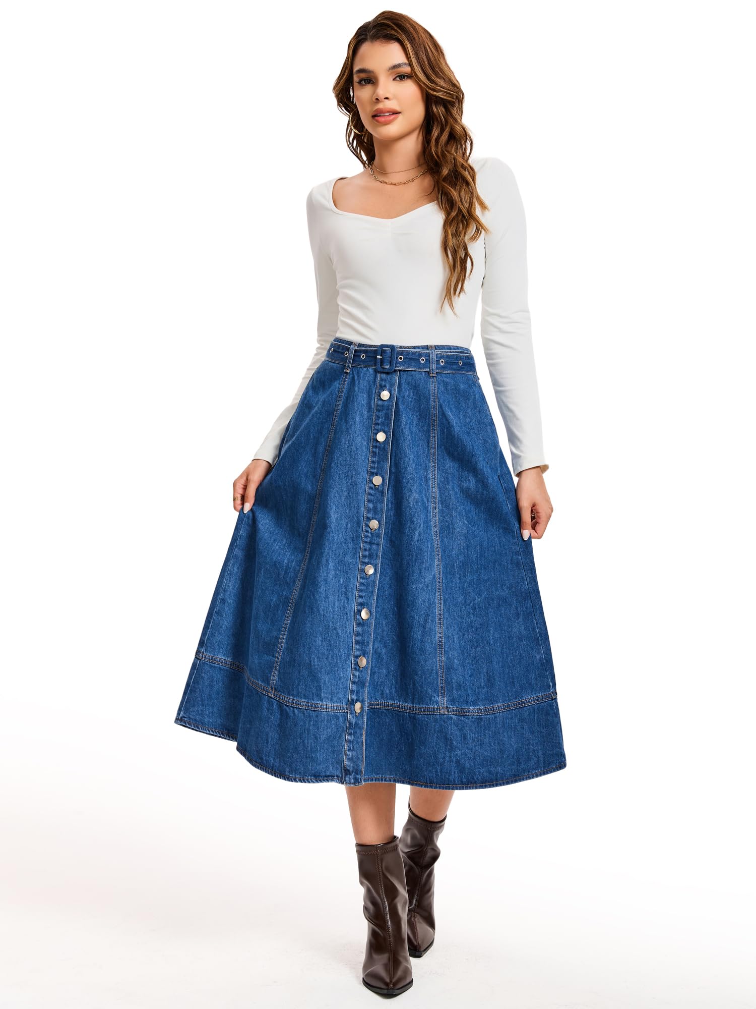 Damen Vintage Knopfleiste Ausgestellter Midi Jeansrock