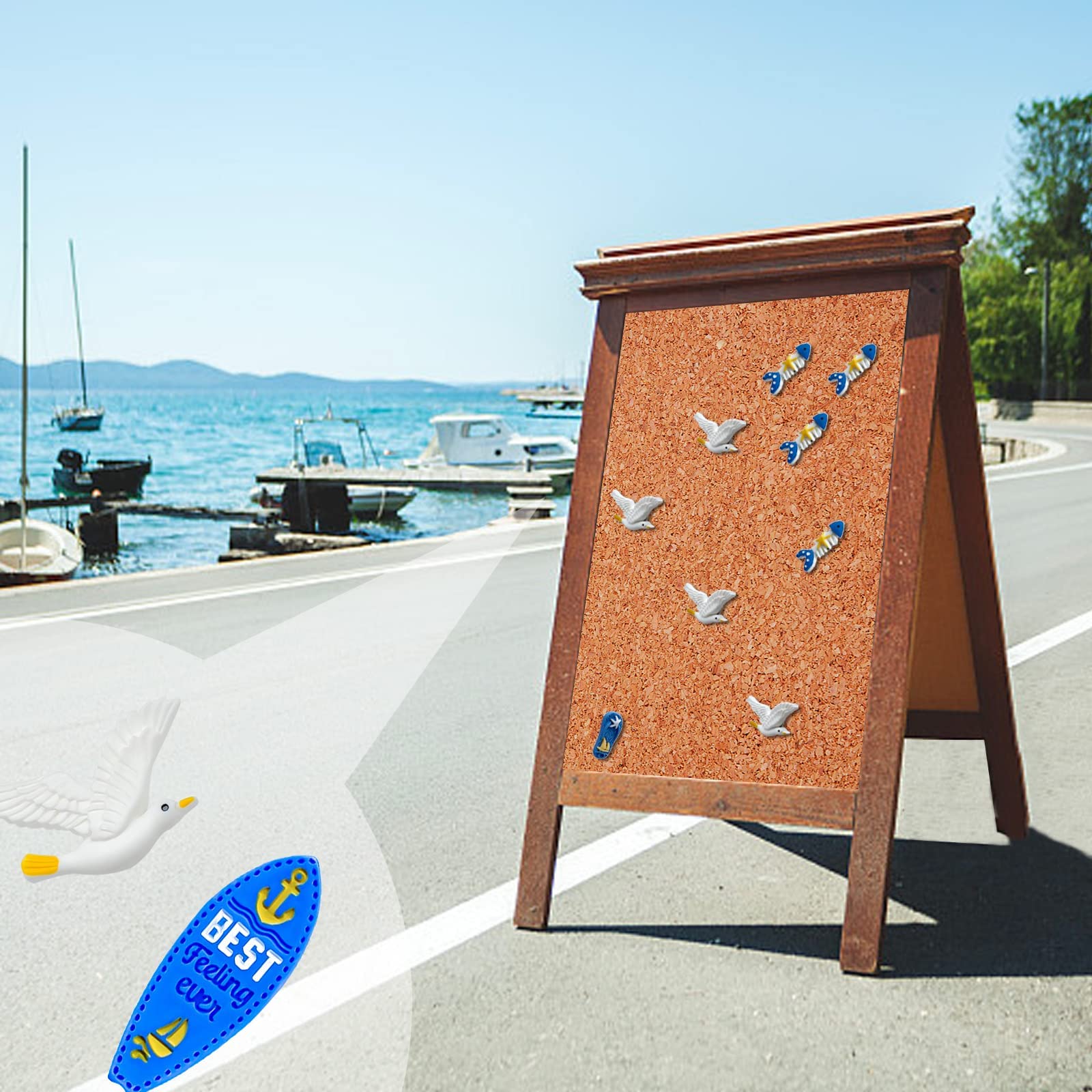 30 pines decorativos para el pulgar con temática oceánica, gaviota, estrellas de mar, pescado, barco de resina, metal, organización de oficina o decoración del hogar, tablón de anuncios de corcho