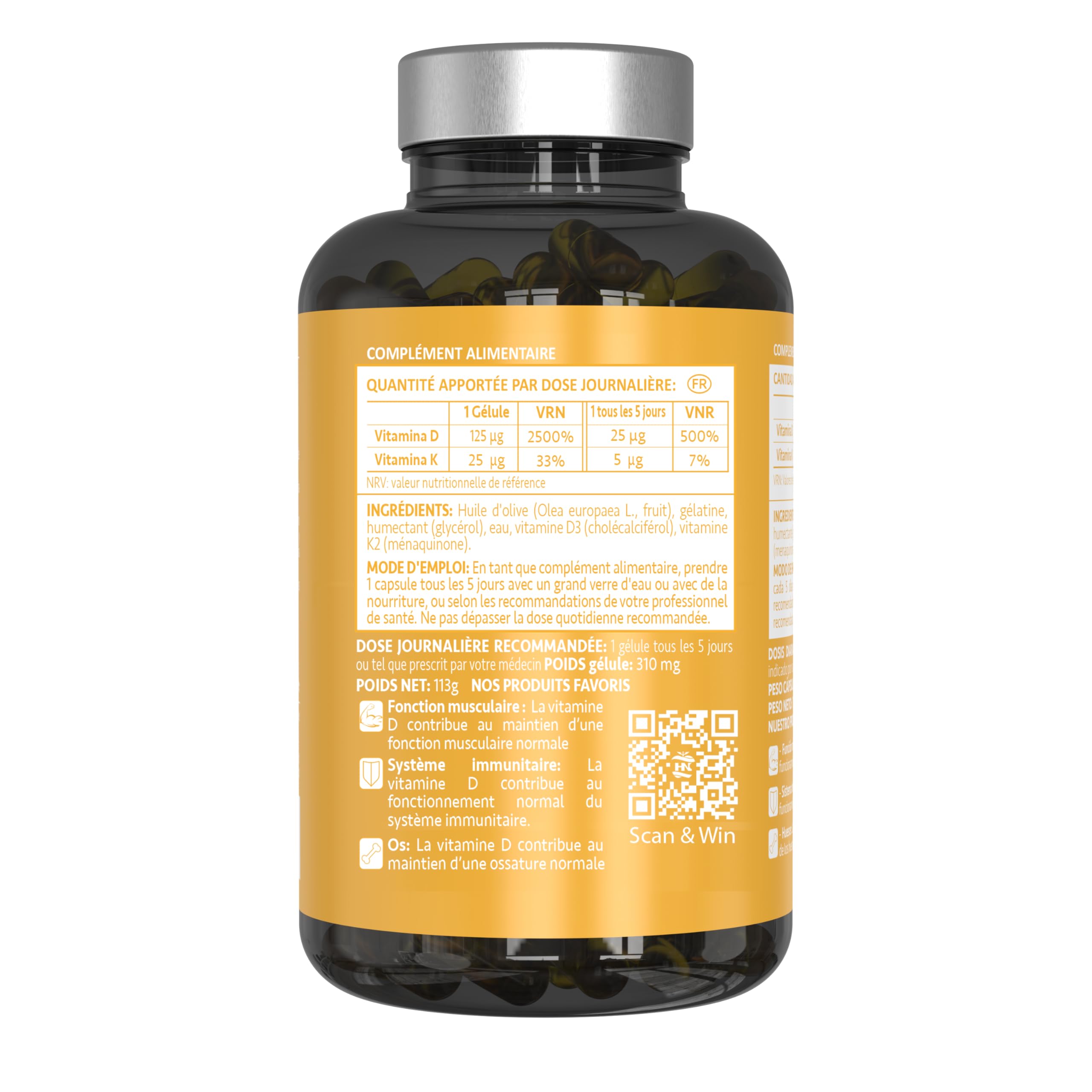 Vitamine D 5000 UI Vitamine D3 K2. 365 Capsules Vitamin D3 hautement concentrée Soutient les fonctions immunitaires et osseuses grâce à la Vitamin D3 K2 hautement dosée