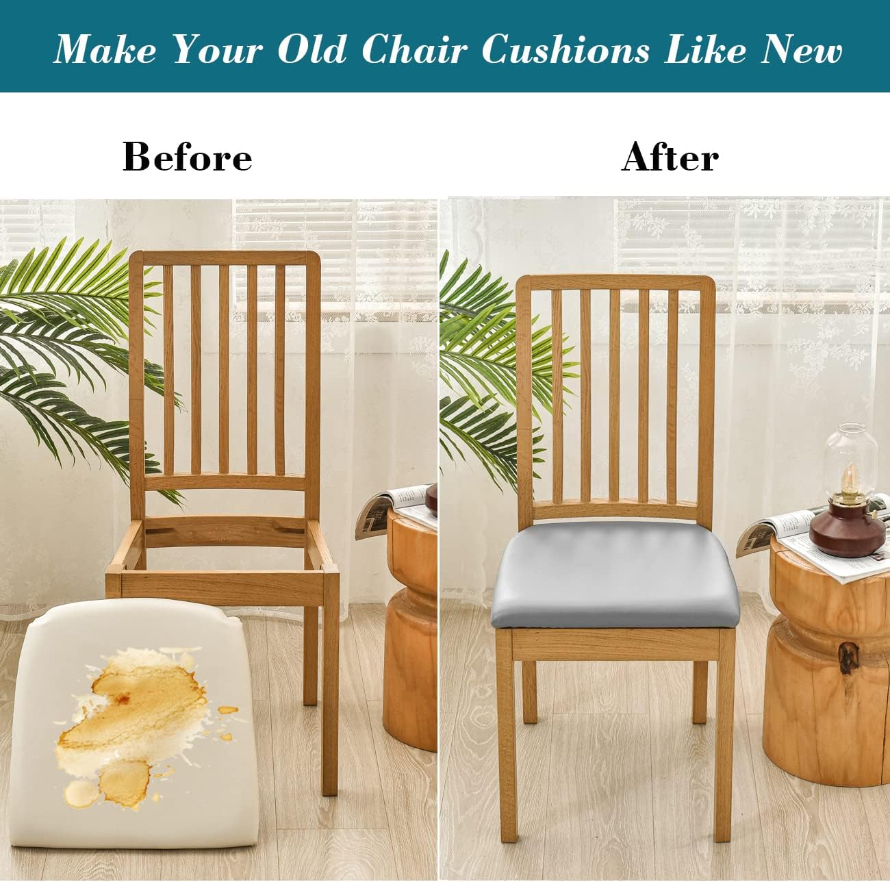 HFCNMY Seat Covers for Dining Chairs, 6 Pack Stretch Waterproof PU Dining Chair Seat Covers Removable Washable Kitchen Chair Seat Covers with Elastic Bands,Light Gray