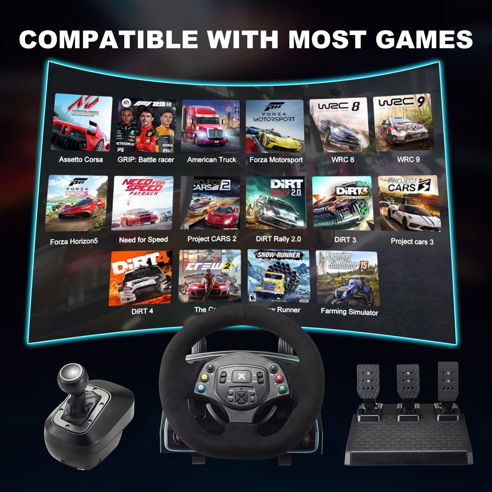 DOYO Volante da gioco con pedali e cambio, volante da corsa 1080° con pedali effetto Hall e cambio a pagaia, volante con feedback di vibrazione per PC/PS4/Xbox One/Xbox Series X|S/PS3/Switch