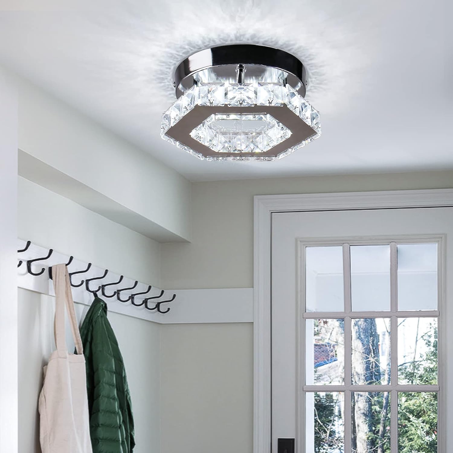 Mini Chandelier Crystal LED Ceiling Light Fixture Modern Pendant Lamp Semi Flush Mount Crystal Ceiling Lighting for Hallway Staircase Staircase Kitchen Bedroom Dinning Room(Cool White)