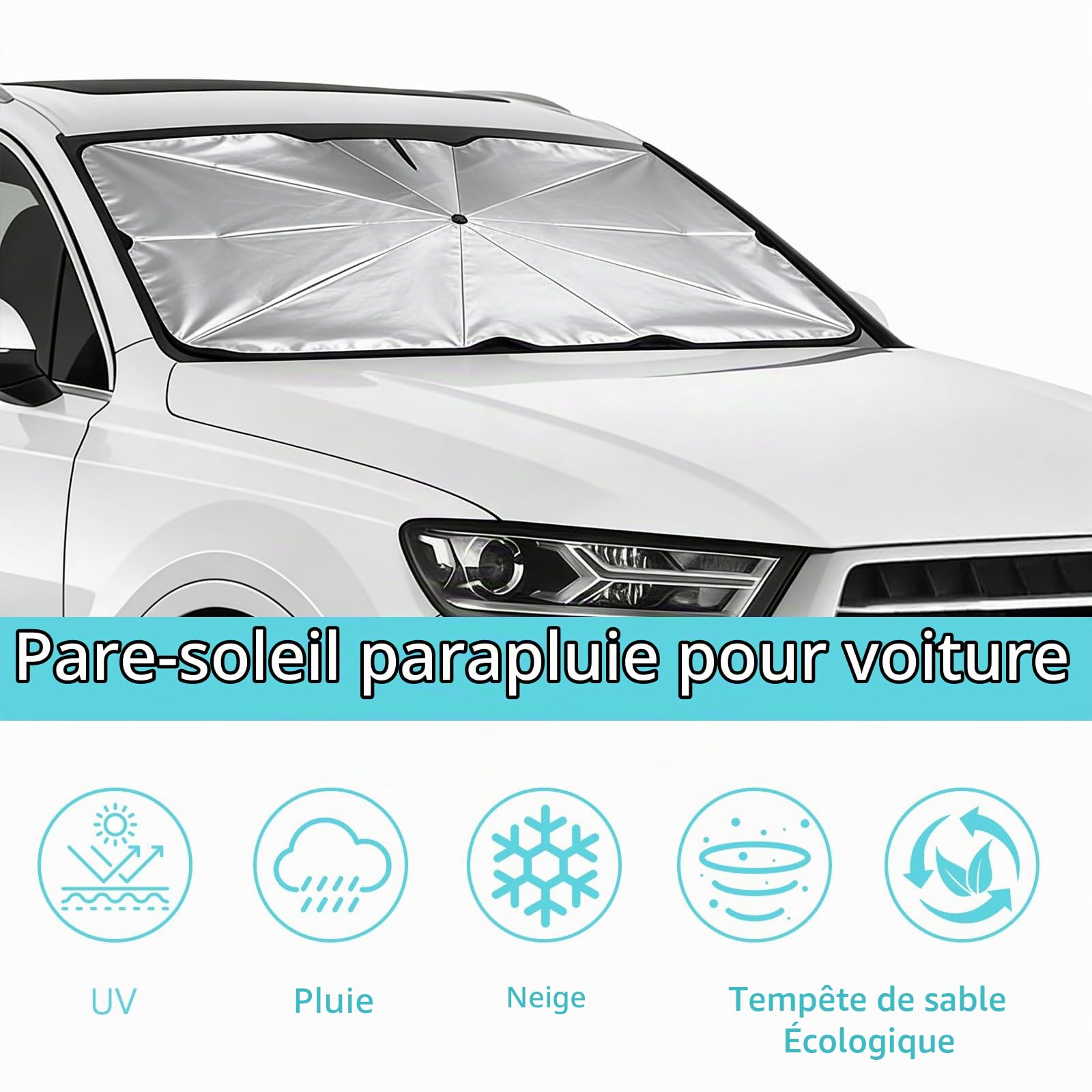 Pare Soleil Voiture Pare Brise Avant 140 x 80 cm, Pare-Soleil Parapluie pour Voiture, Parasol de Voiture Pliable, Protection UV et Isolation Thermique, pour Voiture, SUV, Fourgonnettes