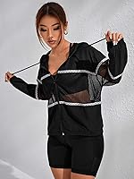 Vista 4 de Floerns Chaqueta deportiva con capucha y cordón de manga larga de malla en contraste para mujer