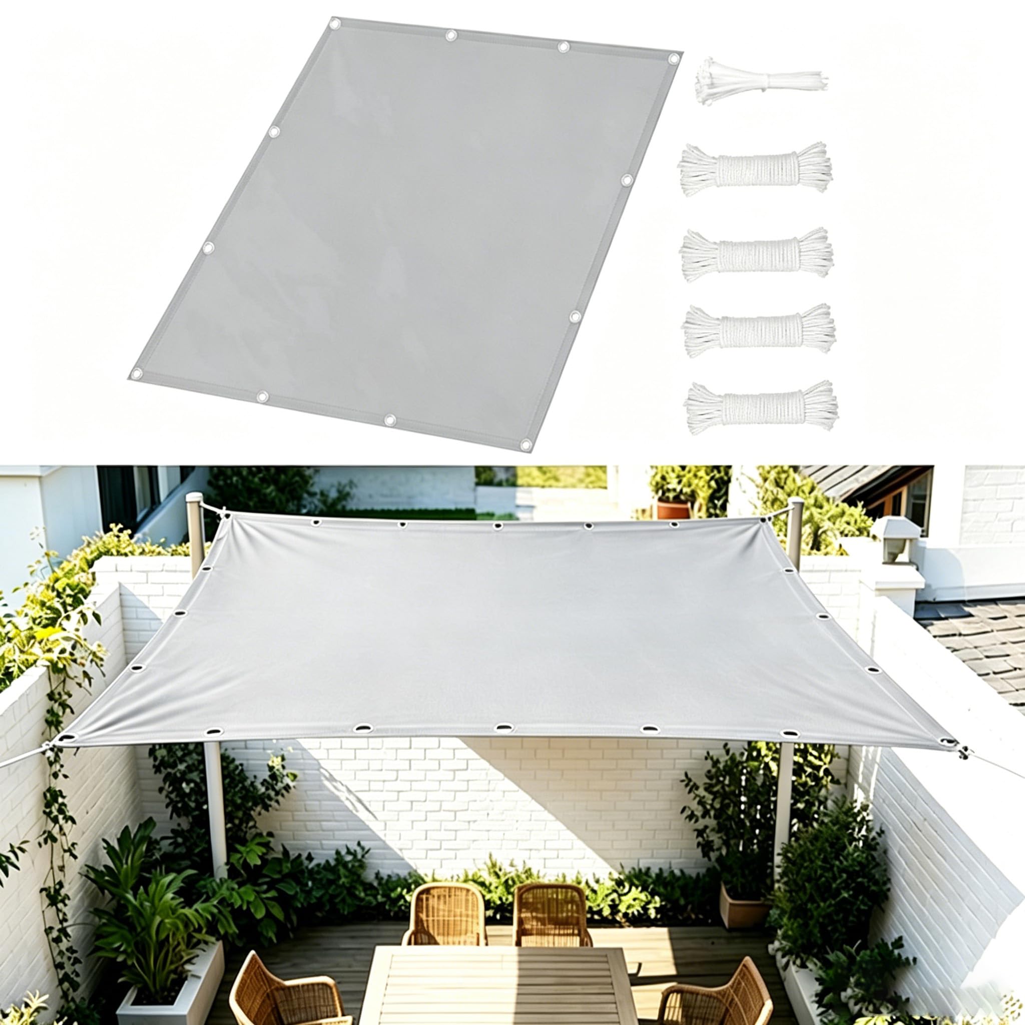 Voile d'ombrage rectangulaire 440x470 cm : toile ombrage gris clair avec œillets protection UV