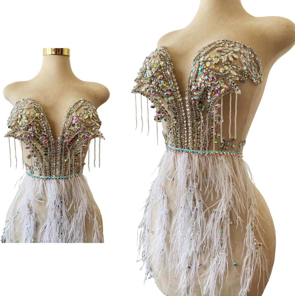 Handmade Luxury Tassels Feathers Bodice Appliques Hand-Stitched Beads Rhinestones Trim Patches Shiny Accessories for Dresses (Silver)