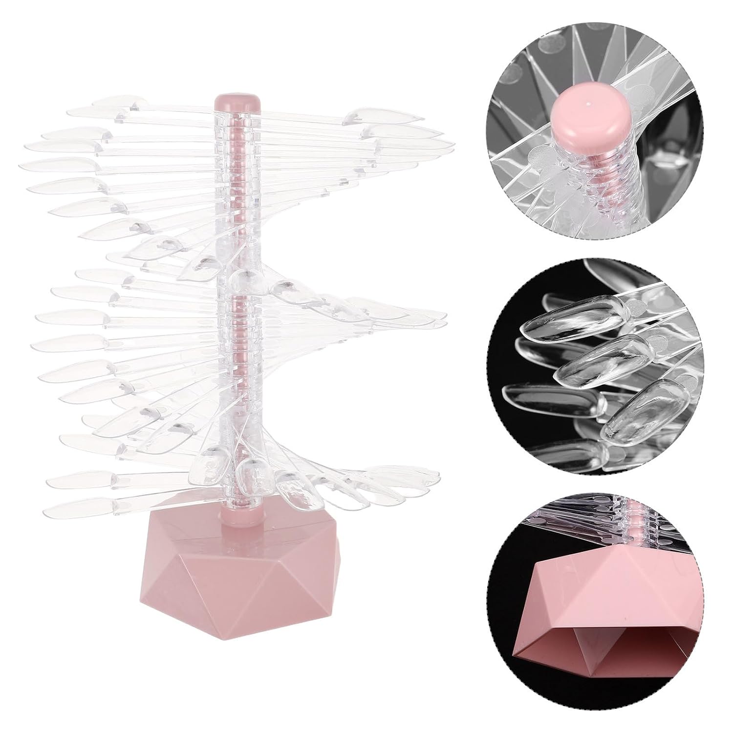 Ipetboom Spiral Nail Art Display Stand with 60 False Nail Tips Pink Hexagonal Base for Salon Practice