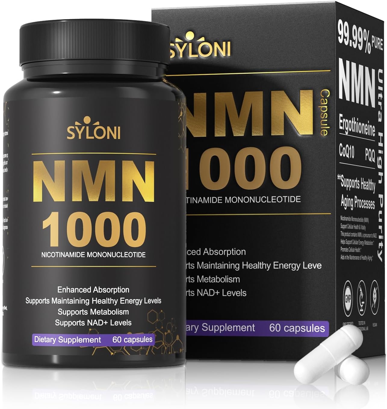 NMN Supplement 1000mg, 99% Pure for NAD+ Supplement, 60 Capsules Nicotinamide Mononucleotide for Increased NAD Levels, Boosting Energy, DNA Repair & Healthy Aging
