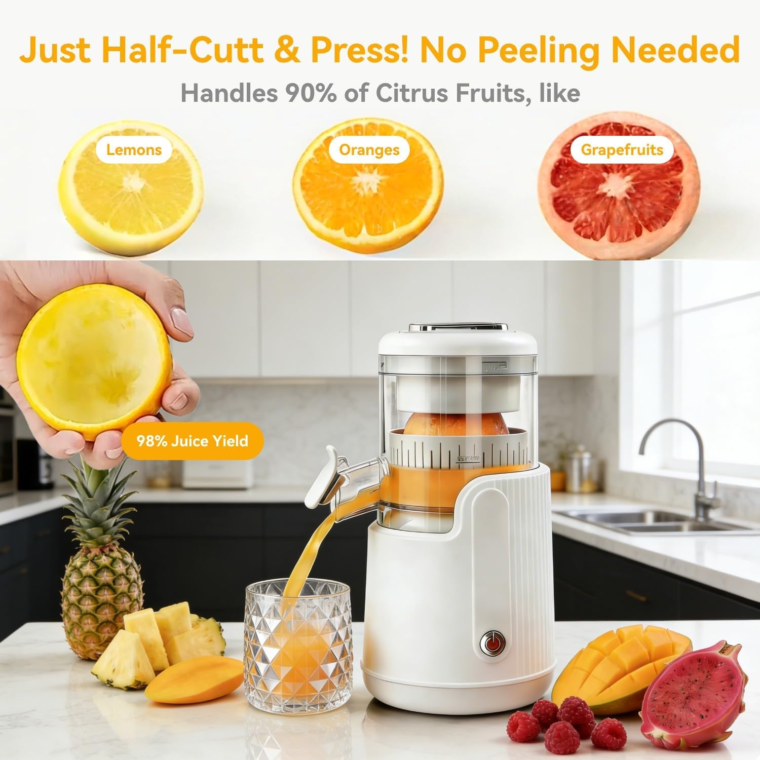 Portable Electric Citrus Juicer, Oranges squeezer and Lemons Juicer with USB Rechargeable, One-Touch Operation High-Yield Cordless Lemons Squeezer Easy-Clean Design for Kitchen & Travel (White)