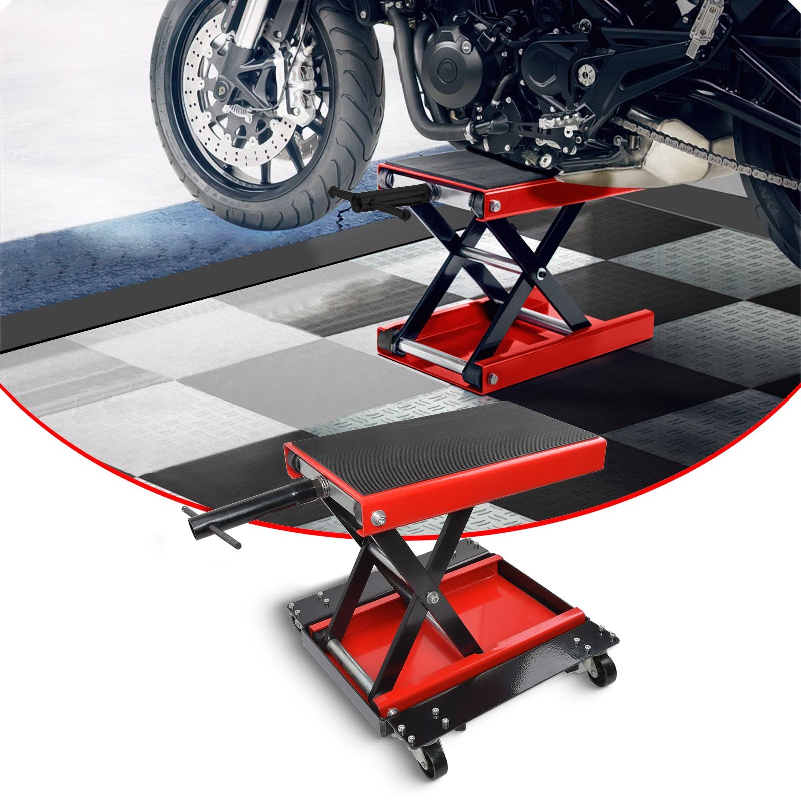 Cric de Moto Levage 500 kg Hauteur 130-407mm Pont élévateur Moto Chariot en Acier Plate-Forme Cric de déplacement Élévatrice Moto Lève Sécurisée Table Réparation Quad ATV Atelier Rouleaux à 360°