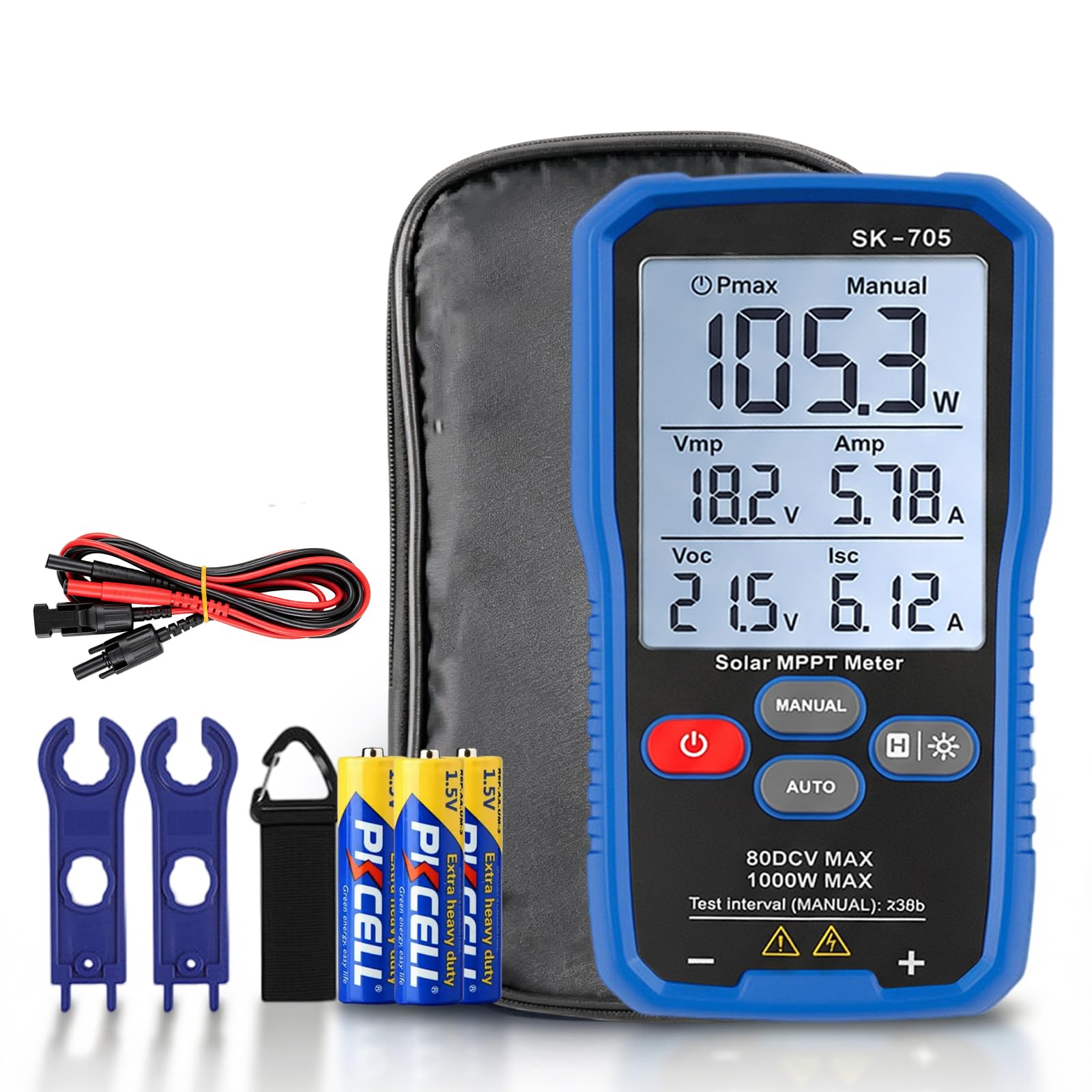 SK-705 Solar MPPT 1000 W Tester di potenza per moduli fotovoltaici, tester PV portatile con LCD da 3,2", misurazione automatica e manuale, Voc Isc Vmp Pmax