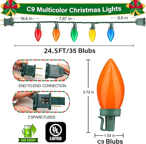 Miniatura 2 de 35 luces LED C9 de Navidad, 24.5 pies C9 luces LED de Navidad vintage, tira de luces de Navidad enchufables impermeables para interiores y