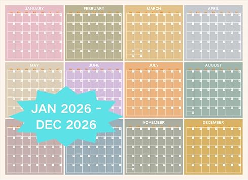 2026 Yearly Wall Calendar, Colorful Large Wall Calendar One Glance, 12 Month Calendar for Wall One Page, Horizonal, 32X45Open, Paper Folded