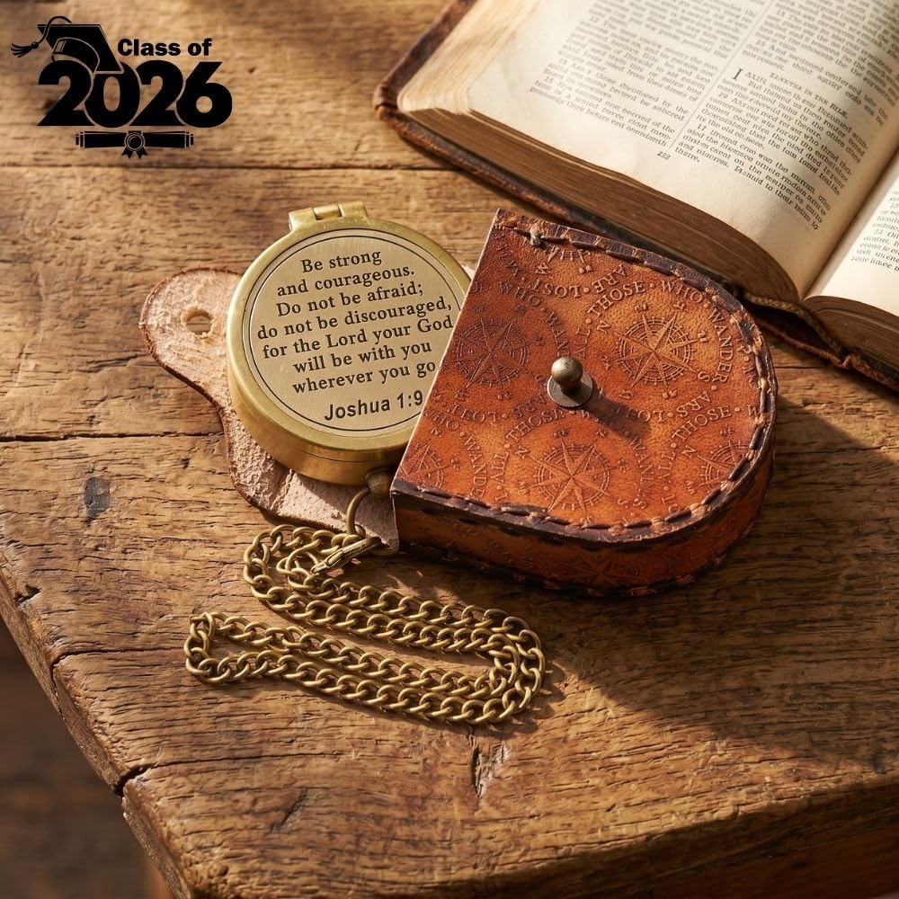 Compass – Brass Directional Vintage Compass Engraved with “Be Strong and Courageous” Joshua 1:9 Bible Verse, Baptism 2026 Communion Christian Inspirational Gifts for Women/Men