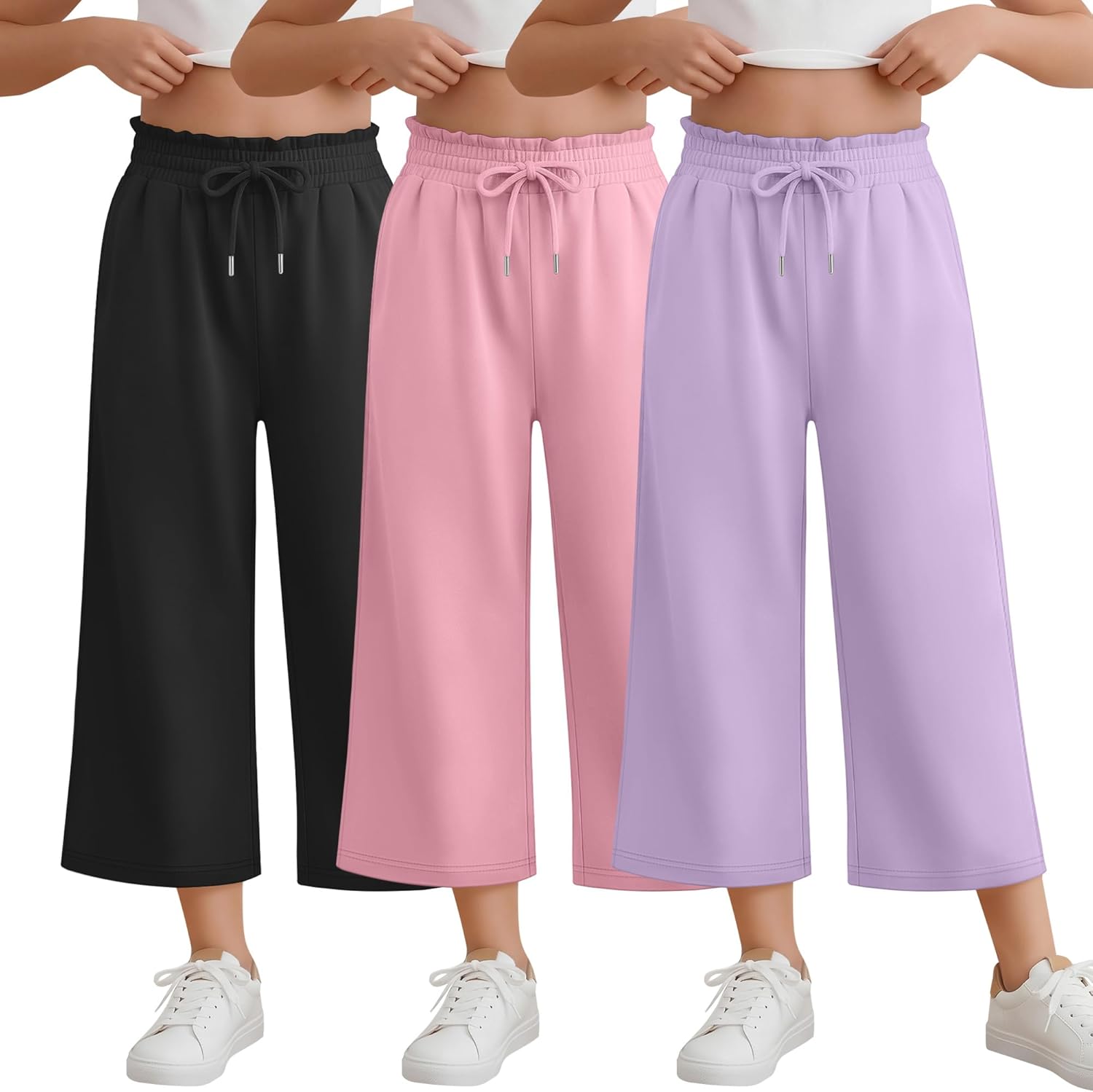 3 Pack Girls' Capris Teen Wide Leg Capri Pants Drawstring Lettuce Elastic Waist Loose Fit Sweatpants with Pockets