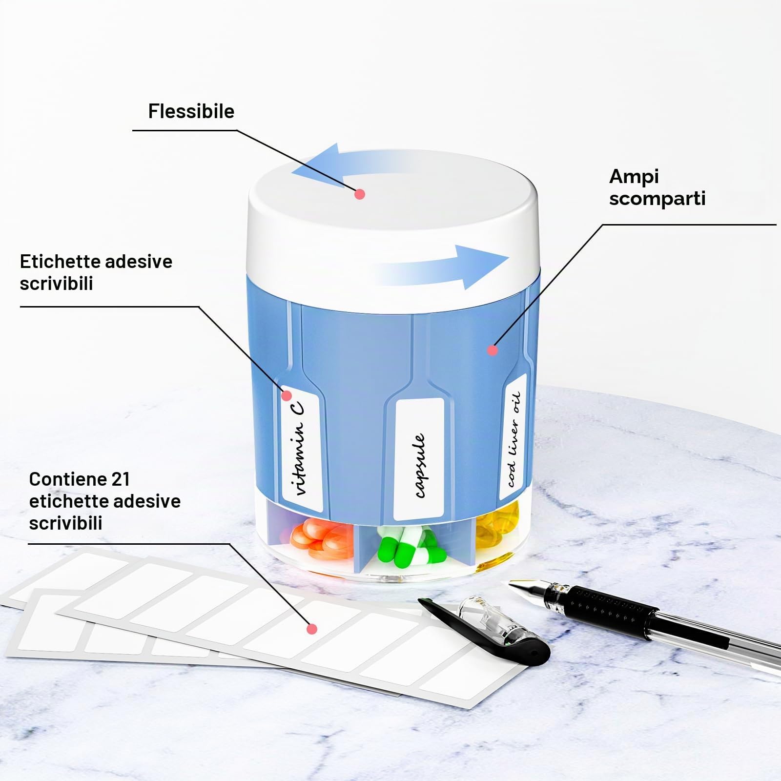 Betife - Organizer per pillole settimanali e giornaliere, con 7 scomparti grandi, organizer per contenere vitamine o farmaci per 7 giorni, include 21 etichette (blu)