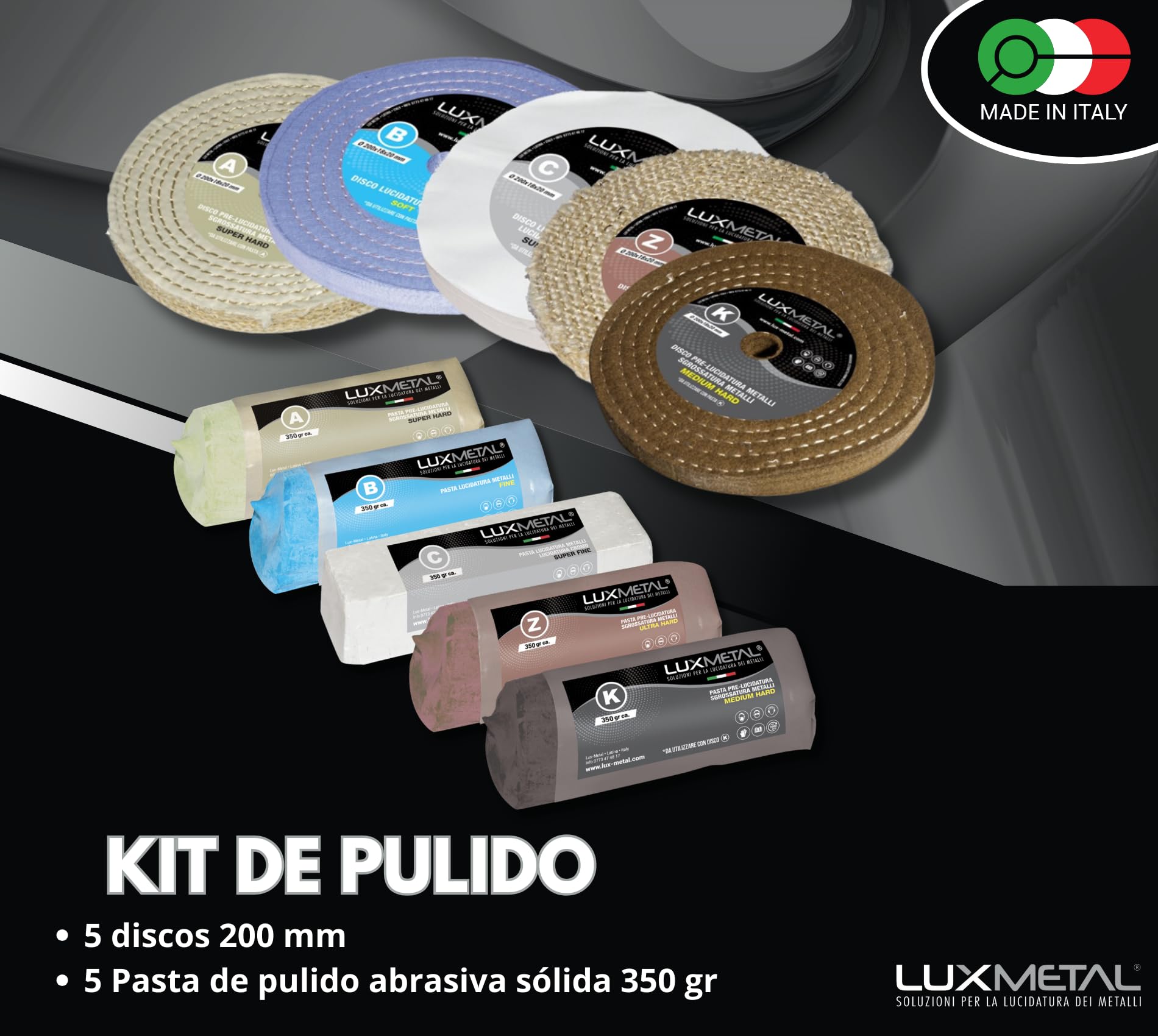 Lux Metal - Kit de 5 discos pulidores de 200 mm y 5 pasta abrasiva pulidora 350 gr - Para aluminio, hierro, acero inoxidable, bronce, mármol - Rueda pulidora de metales