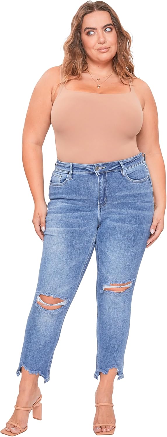 YMI Women's Jeans Junior Plus Size Slim Straight Ankle Jean with Hem Destruction