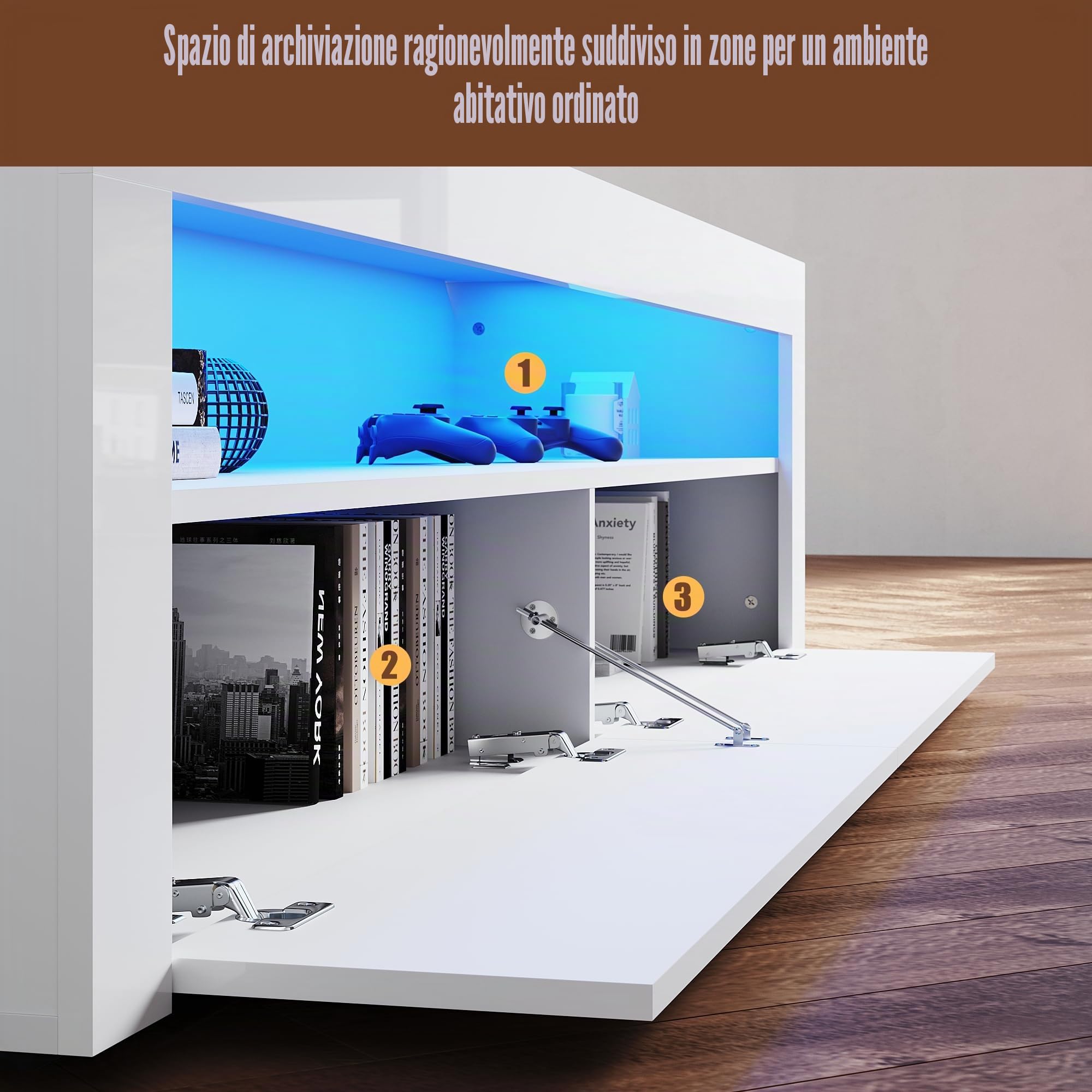Mobile TV bianco lucido, 160 cm, con illuminazione a LED, 160 x 40 x 45 cm (larghezza x profondità x altezza), per soggiorno, moderno, mobile in legno