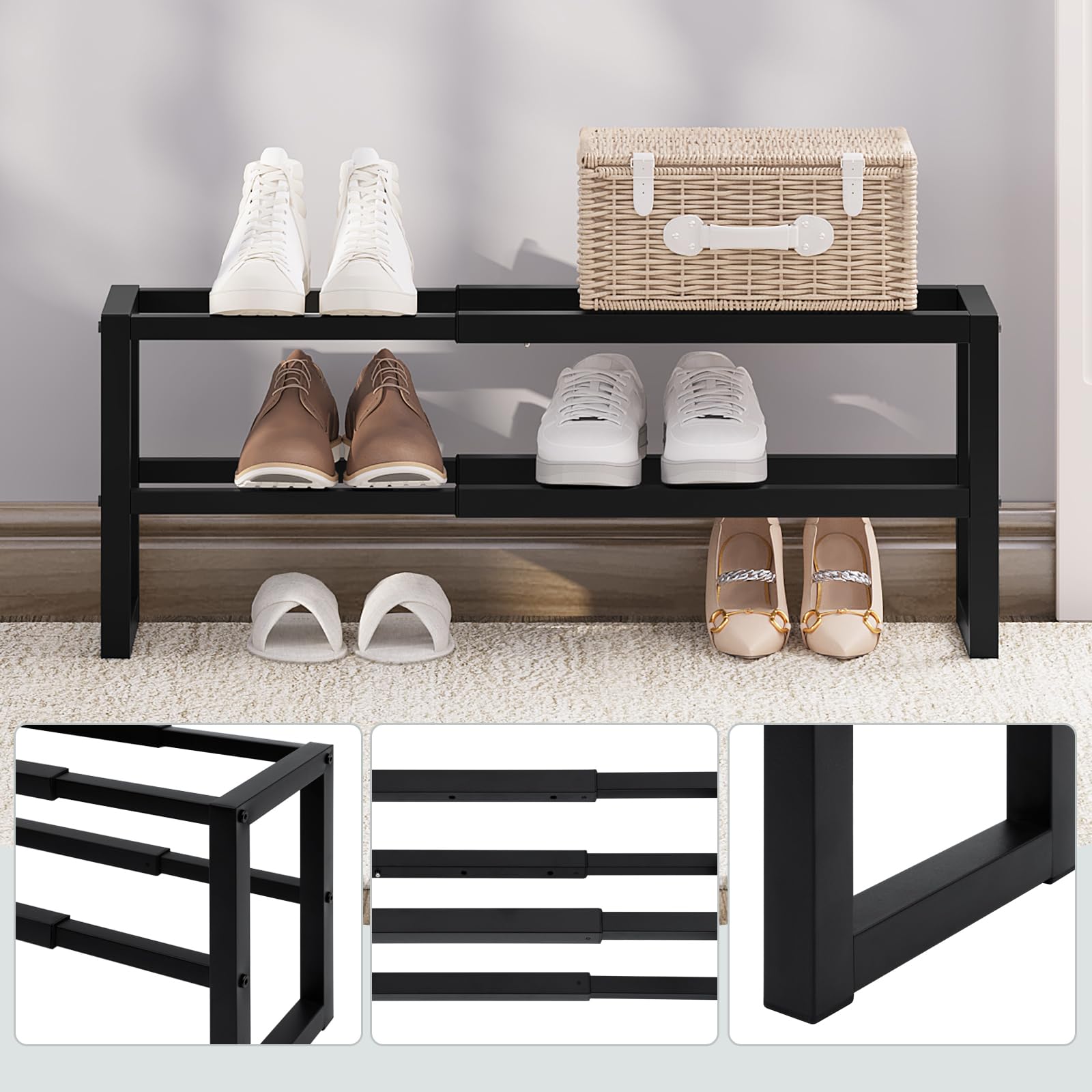 WOLTU Portascarpe Estensibile a 2 Livelli, Scaffale in Metallo, Scarpiera Salvaspazio Slim, Organizzatore di Stoccaggio per Scarpe, Mobiletto Ingresso, Corridoio, Camera da letto, Nero
