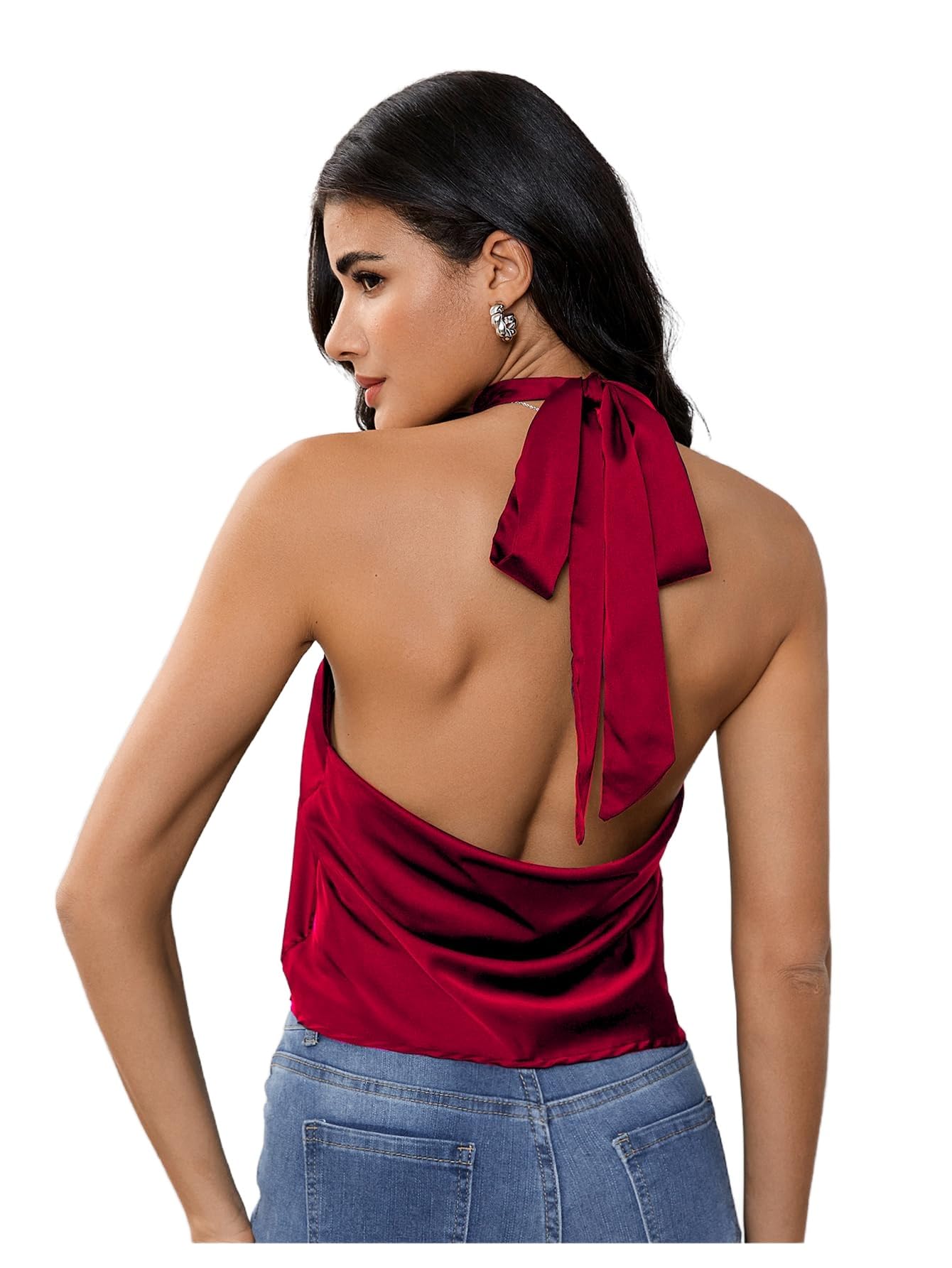 Photo 1 of MakeMeChic Women's Satin Silk Backless Halter Tops High Neck Sleeveless Camisole Summer Classy Going Out Top Burgundy Large