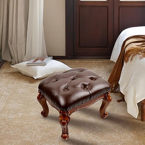 Miniatura 2 de Taburete de cuero pequeño, reposapiés de cuero otomano vintage, reposapiés de madera, reposapiés tapizado para sofá, sala de estar, sofá, cereza