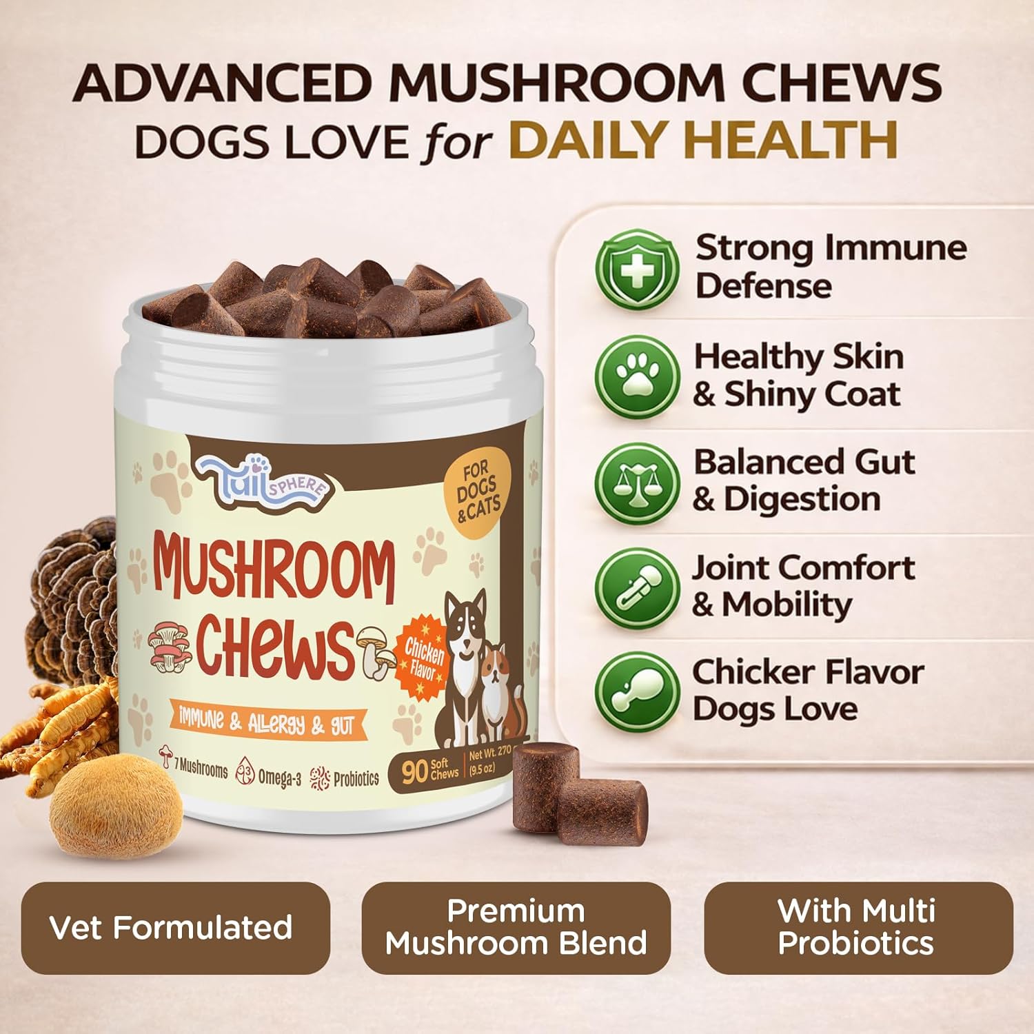 Mushroom Chews for Dogs and Cats, 12-in-1 Advanced Immune, Gut & Skin Support, Turkey Tail, Reishi & Lion’s Mane, Probiotics & Omega-3, Soft Chews Chicken Flavor, 90 Count