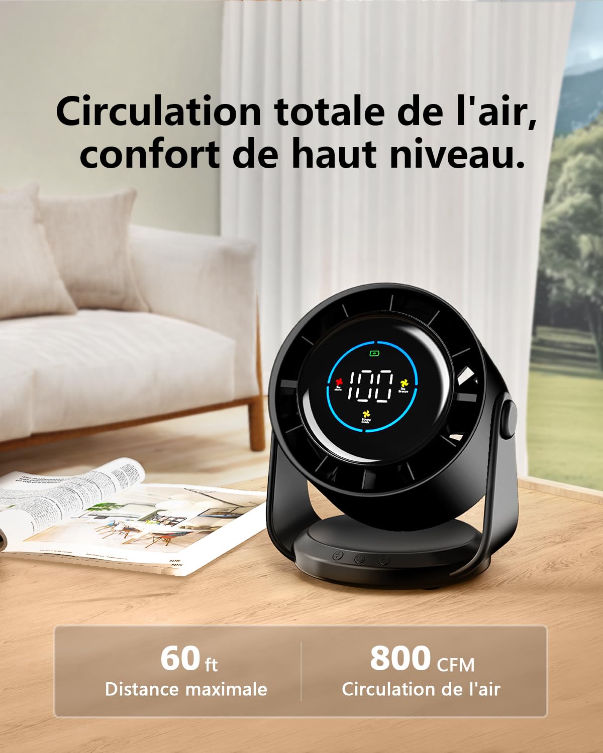 Ventilateur Silencieux Ultra Puissant, Ventilateur de Bureau à 100 Vitesses et tête rotative à 105° Rechargeable USB, Portable pour Bureau, Maison, Chambre, Voiture