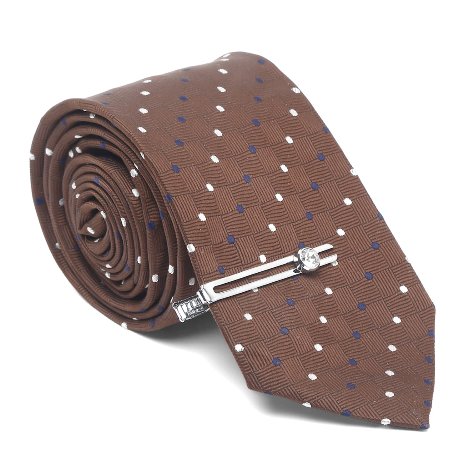 LOUIS STITCH Mens Brown Polka Italian Silk Necktie Set With Pocket Square Tie Chrome Tiepin (Suit Accessories) (Czech) 2