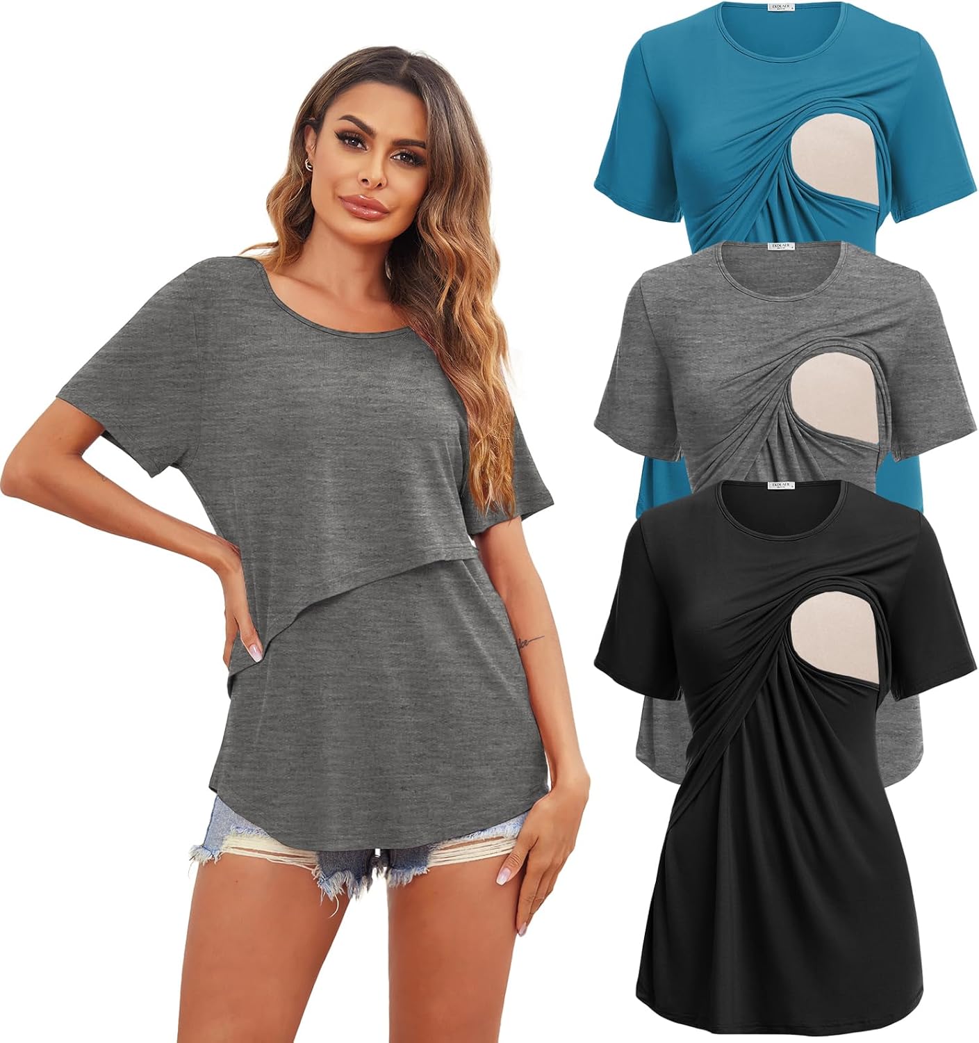 Ekouaer Women's Maternity Shirts Short Sleeves Nursing Tops 3 Pack Double Laye Breastfeeding Tees Pregnancy Clothes S-XXL