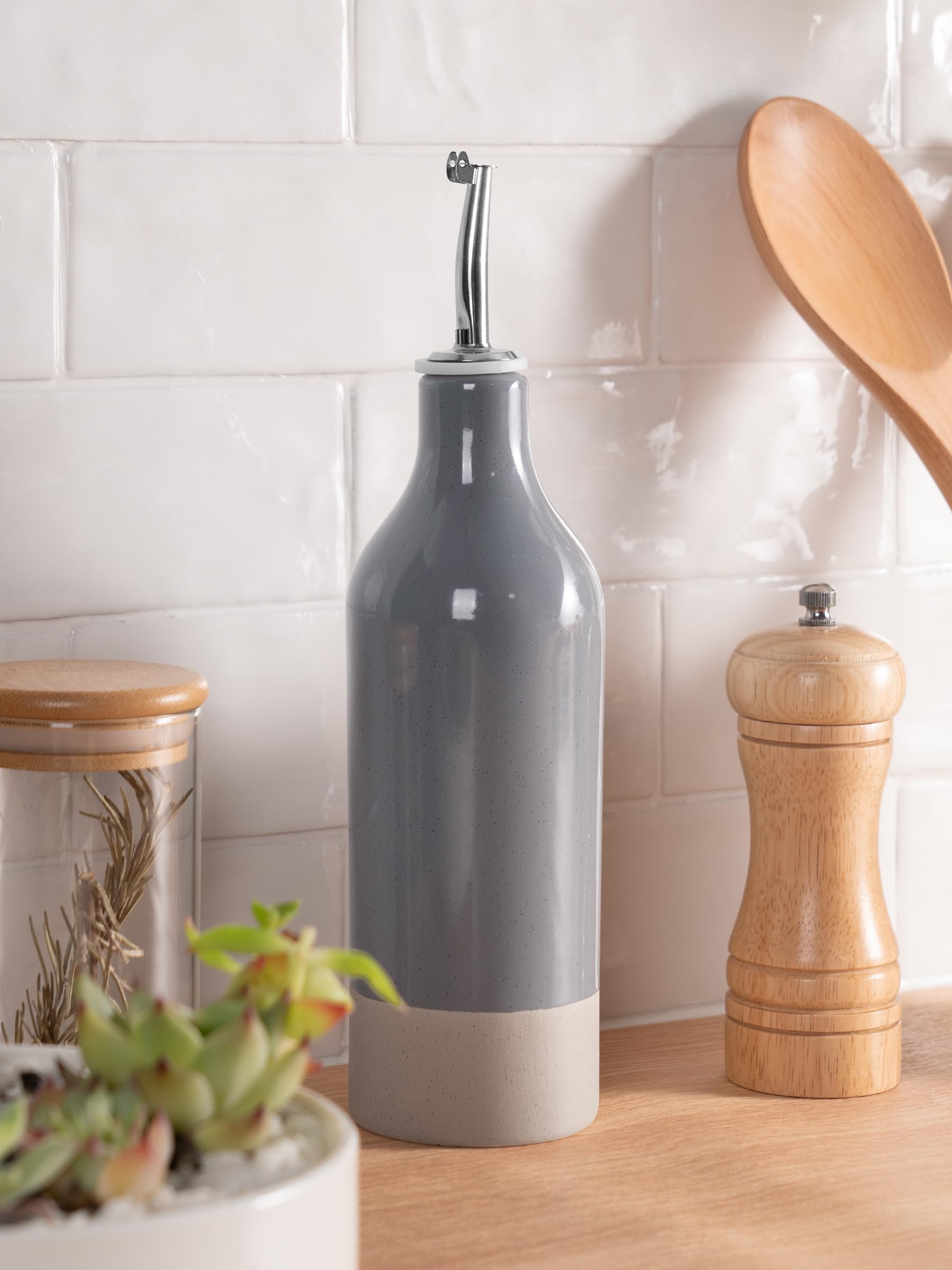 famiware Milkyway, dispenser in ceramica per olio d'oliva, da 473 ml, 1 pezzo, dispenser per olio da cucina con versatori in acciaio inossidabile, adatto per conservare aceto, salsa di soia, sciroppo