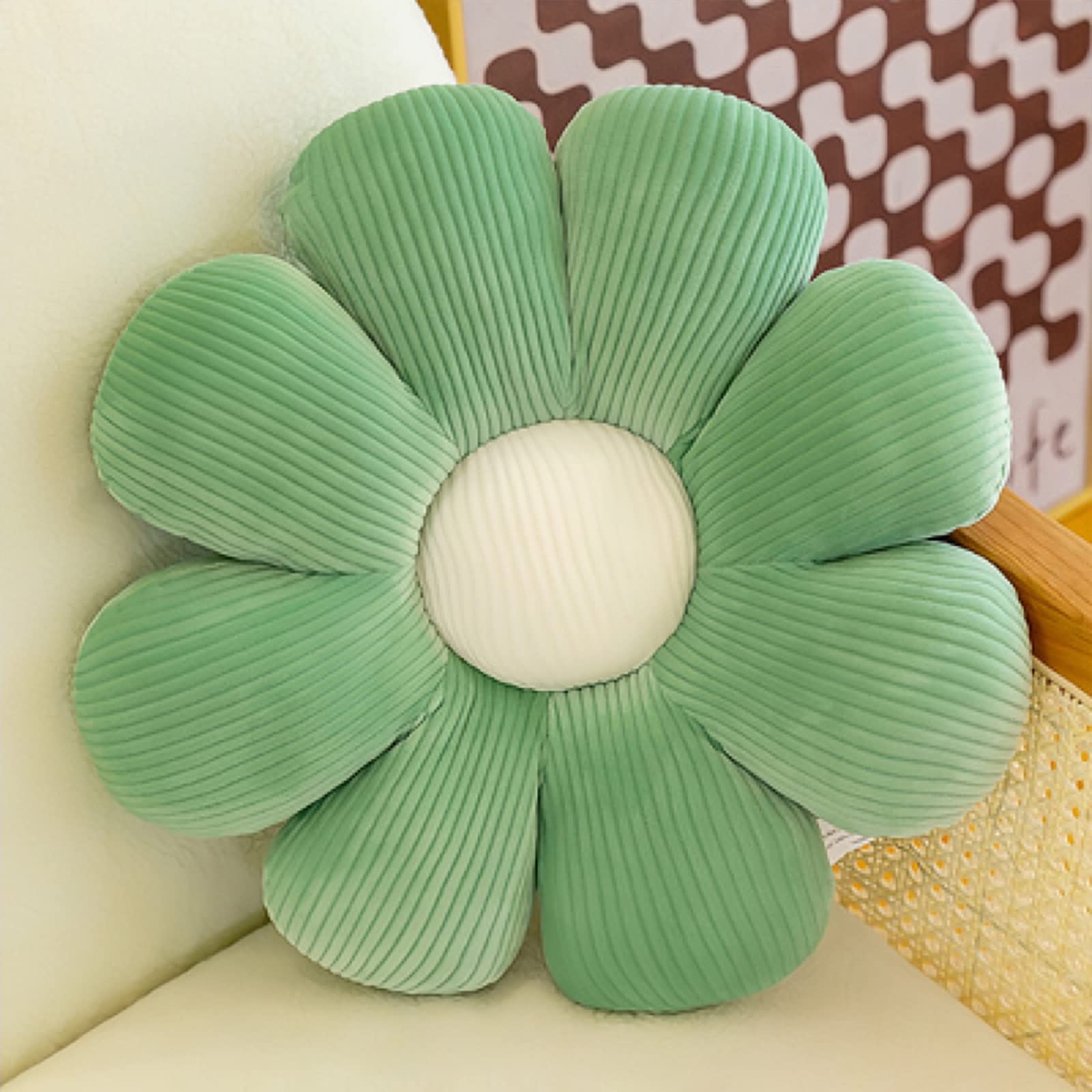 Flower Pillow, Daisy Pillow,with Zipper for Remove Cleaning, Flower Shaped Pillow, Cute Bedroom Decor, Flower Cushion (14", Green)