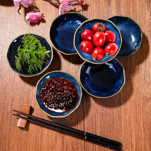 Miniatura 4 de Juego de 6 platos de cerámica para salsa de soja para condimentos de sushi (horno azul)