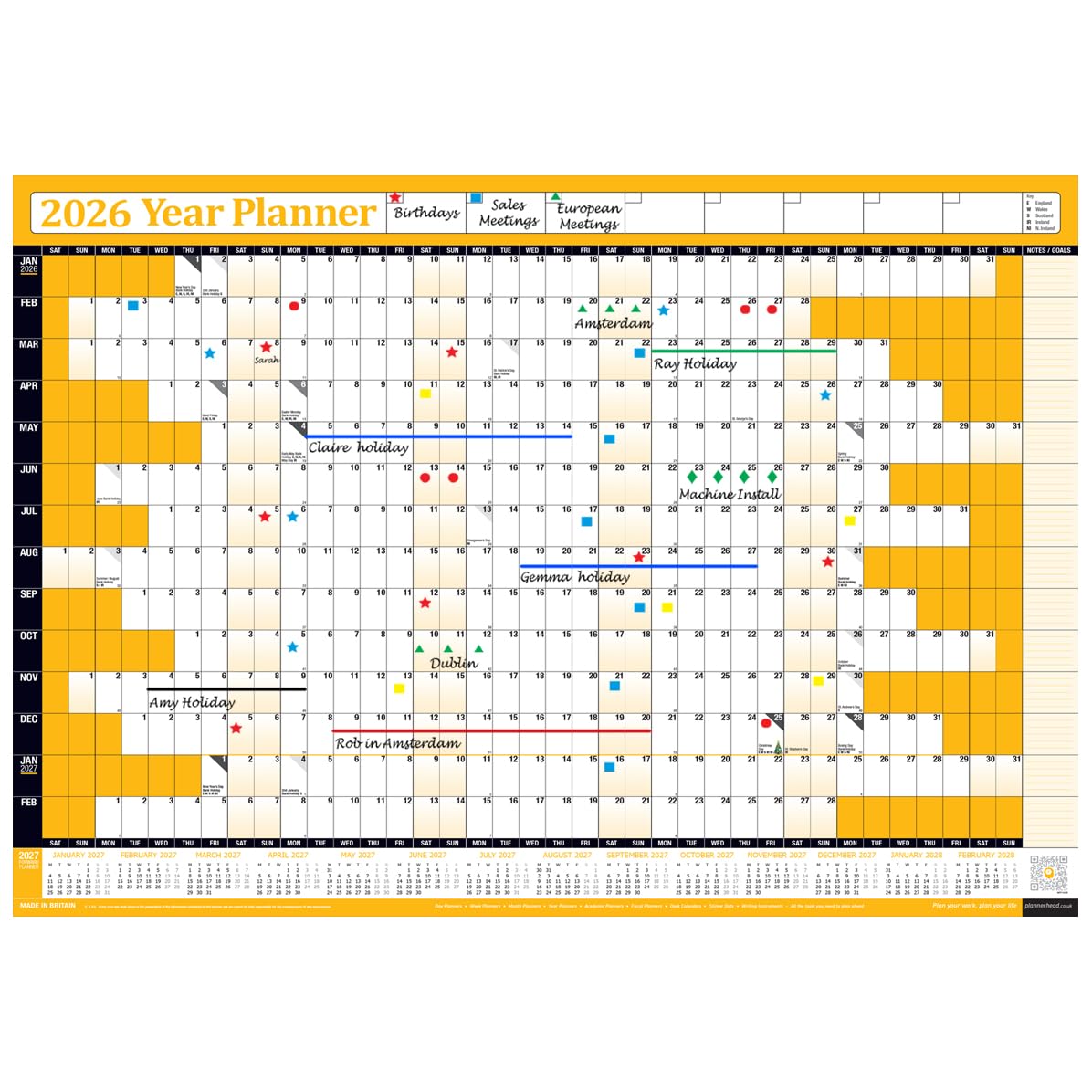 2026 Year Yearly Annual Office Home Wall Planner Calendar Chart Poster/Includes UK & Ireland Bank Holidays/Unmounted Unlaminated (Orange, Extra Large 68cm x 100cm - Rolled)
