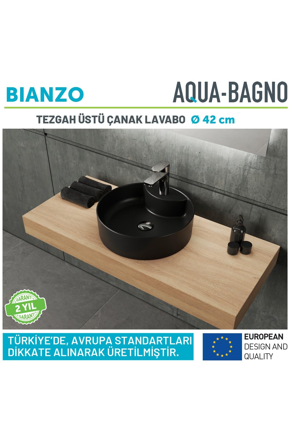 Aqua Bagno | Rundes Aufsatzwaschbecken mit Hahnloch schwarz matt, Keramikbecken, Handwaschbecken | 42 cm breit