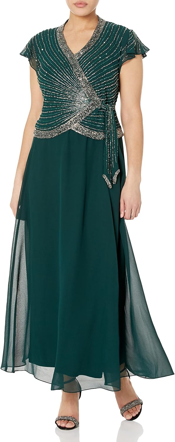 J Kara Womens Petite Faux Wrap Long Dress W/Flutter SleeveSpecial Occasion Dress