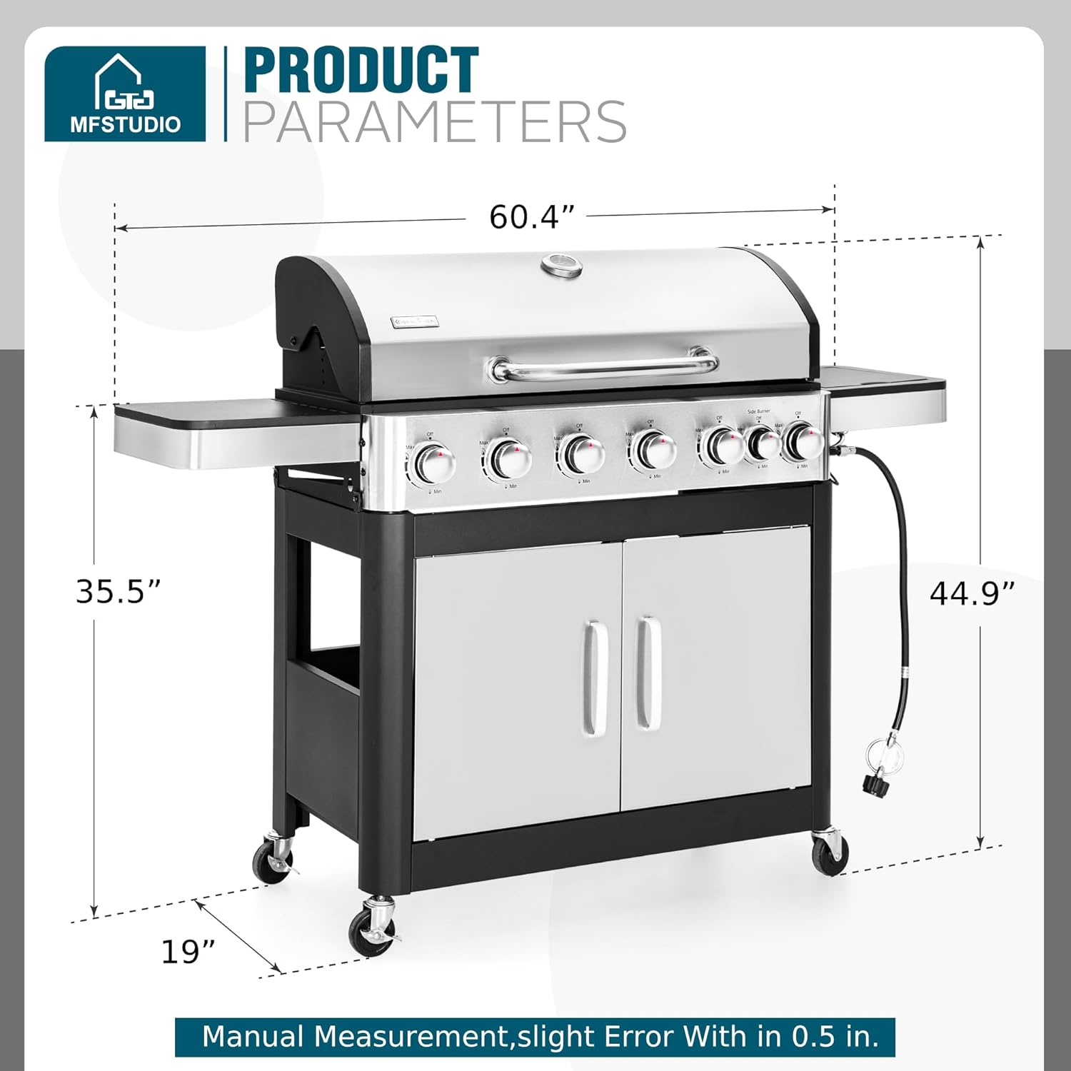 MFSTUDIO 6-Burner Propane Gas Grill, Stainless Steel BBQ Grill with Side Burner and Porcelain-Enameled Cast Iron Grates, High Output Gas BBQ Grills for Barbeque and Outdoor Cooking