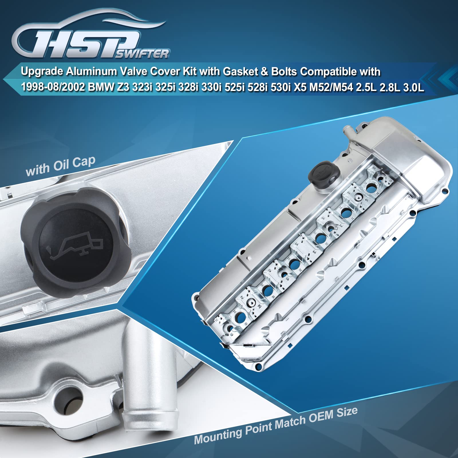 HSPSWIFTER Upgrade Aluminum Valve Cover Kit with Gasket & Bolts fit E46 E39 E53 E36 X5 525i 528i 530i Z3 323Ci 323i 325Ci 325i 325Xi 328i 328Ci 330i 330Ci 330Xi M52/M54 2.5L 2.8L 3.0L OE # 11121432928