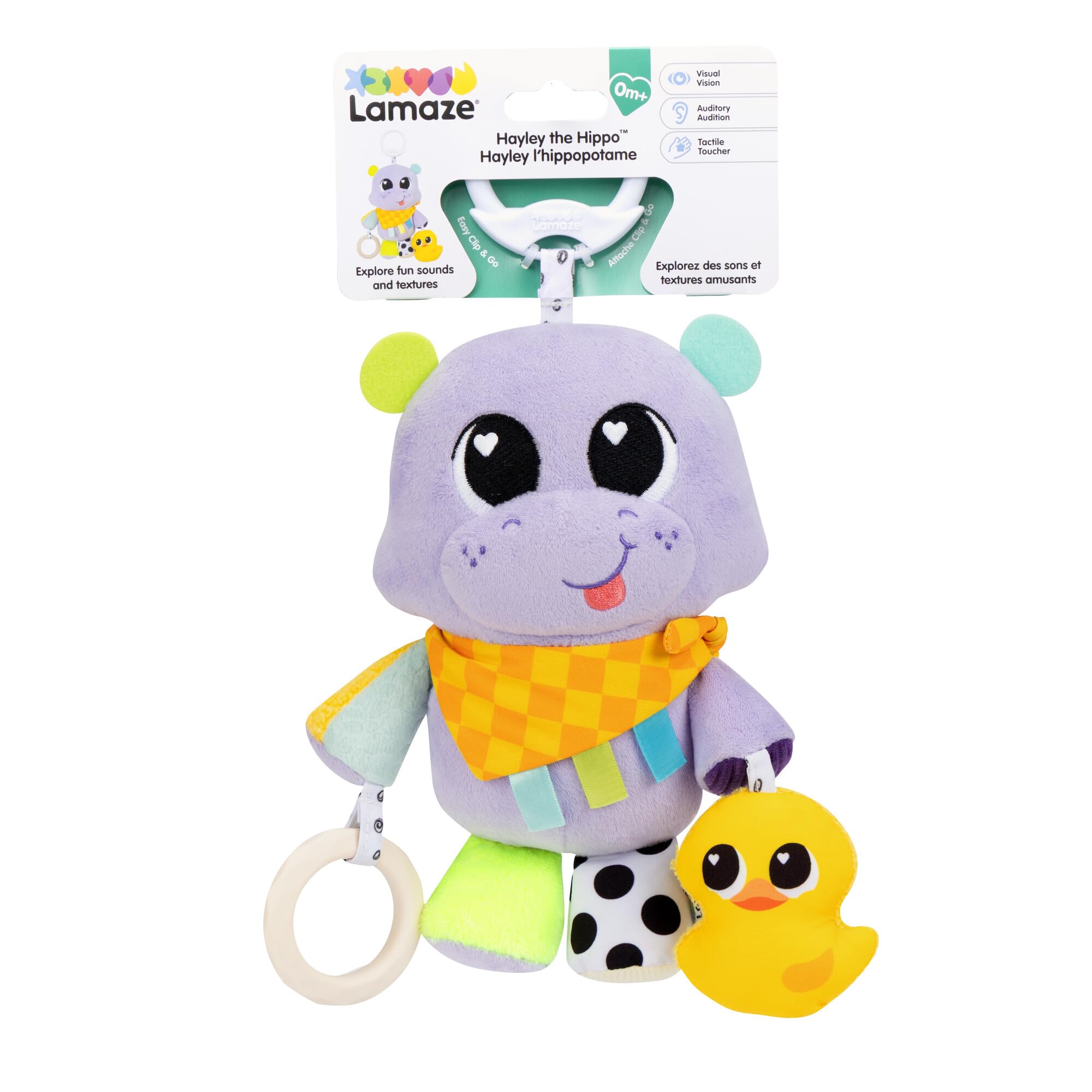 Lamaze Hayley the Hippo Clip On, Baby Sensory Toy with Clip for Pram, Pushchair and Car Seat, Teether, Squeaky Duck, Jingle Sounds, Soft Textures and High Contrast Colours, 0 to 6 Months