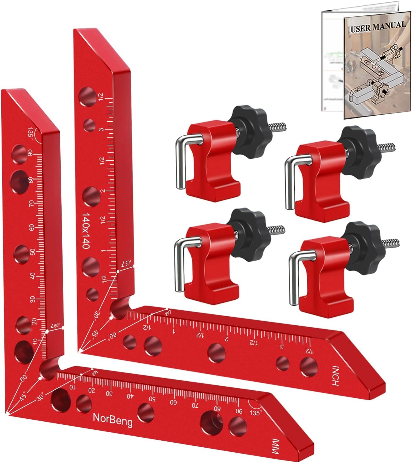 Serre Joint Angle à 90 Degrés,Pince à angle droit,Presses d'angles en d'aluminium,Fixation à Angle Droit, Outils de Travail du Bois Pour Armoires,Cadre Photo,Tiroirs- 2 Ensembles (14 cm/5,5") Rouge